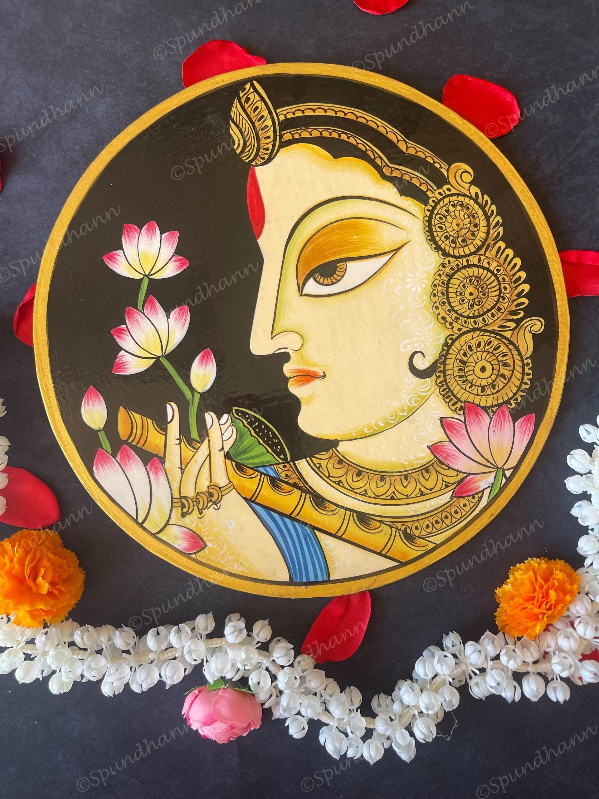 Beautifully Adorned Rajasthani Woman Pichwai Wall Hanging Plate Black