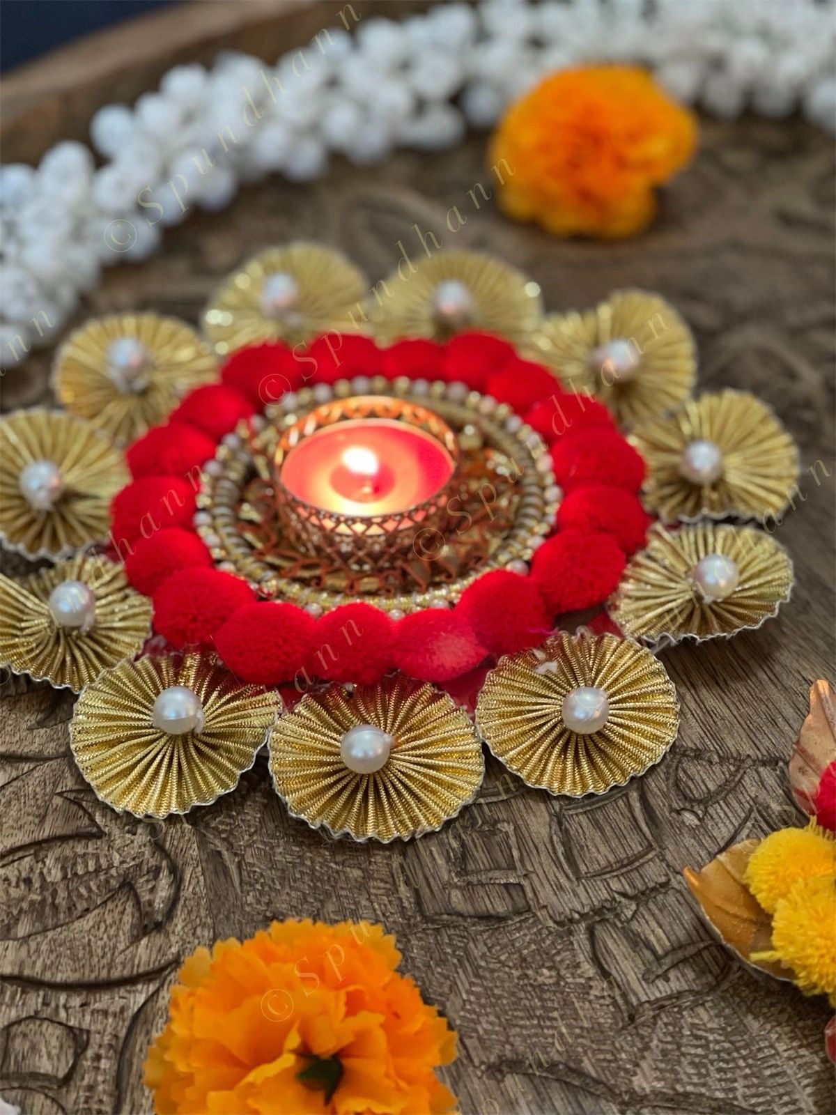 Large Pom Pom & Gota Border Tea Light