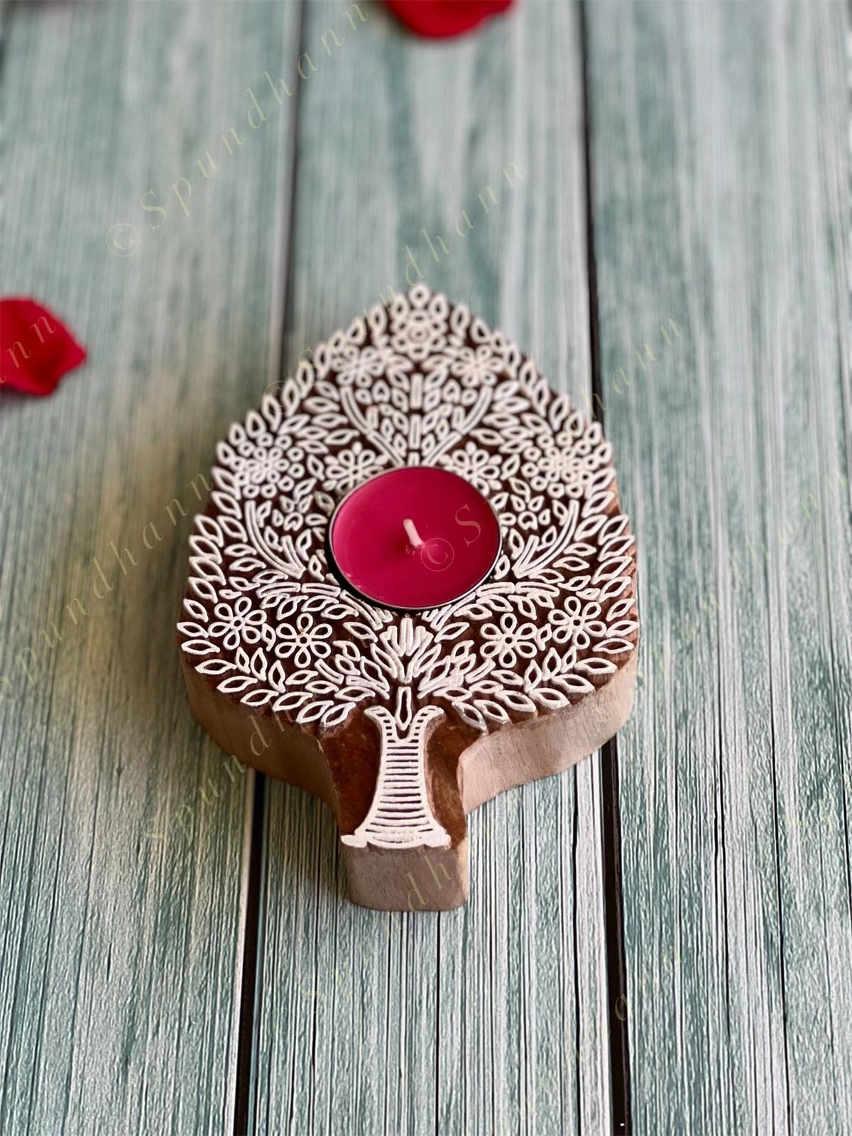 Tree of Life Wooden Block Tea Light Holder