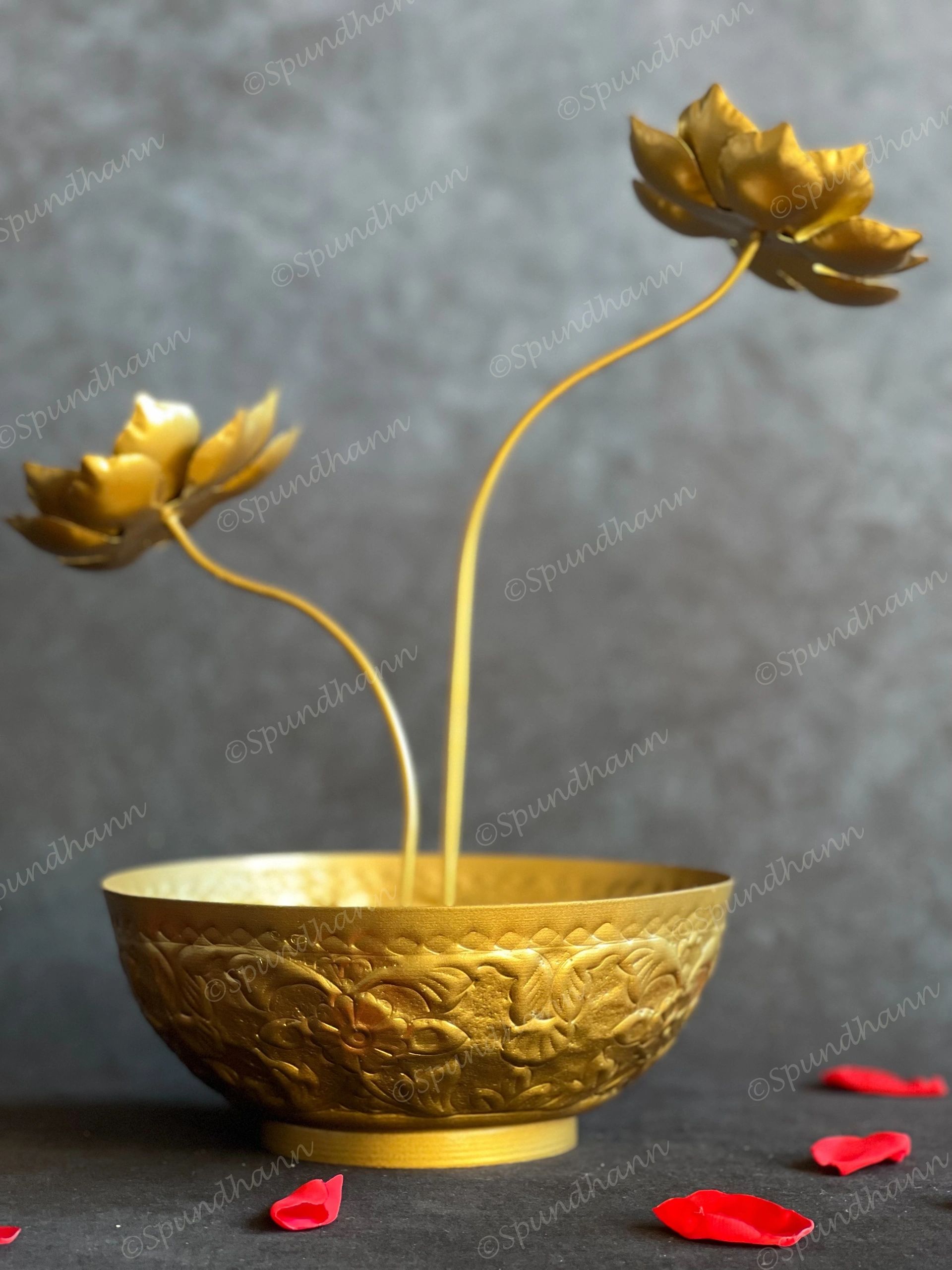 Embossed Urli with Lotus Stem Tea Light Holder