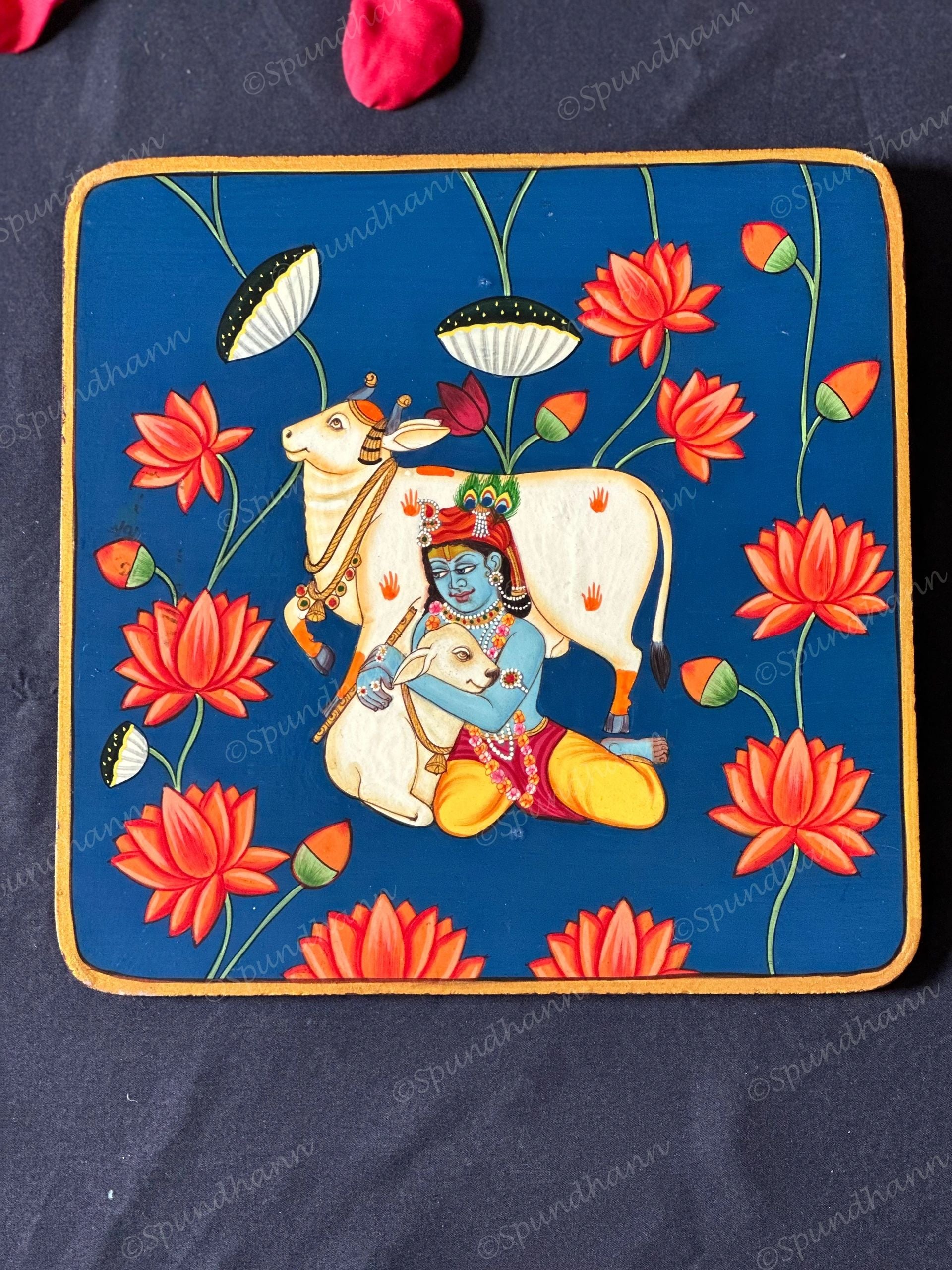 Lord Krishna with His Cows & Lotus Square Pichwai Wall Hanging Plate