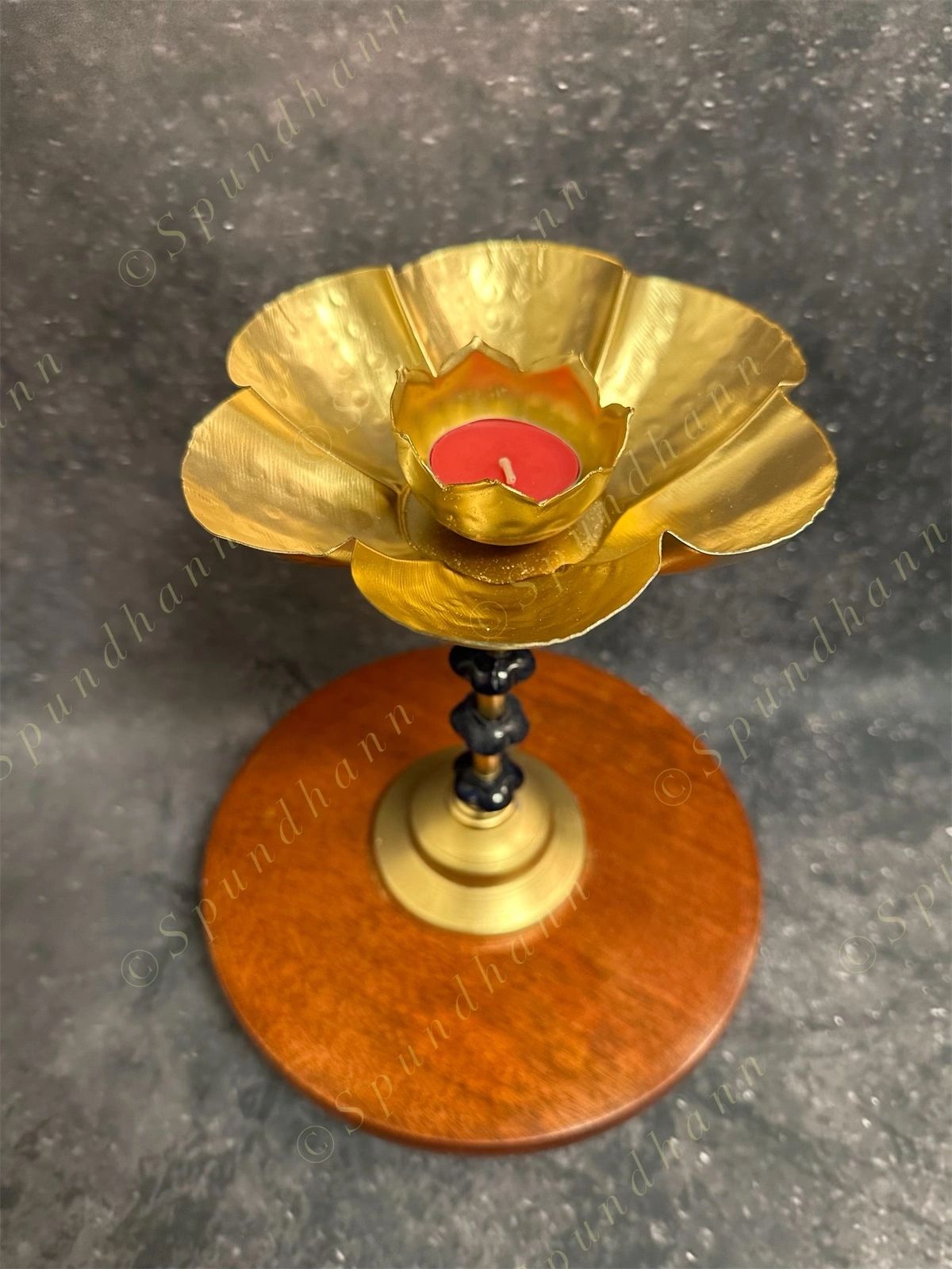 Flower Tea Light Holder With Big Wooden Base