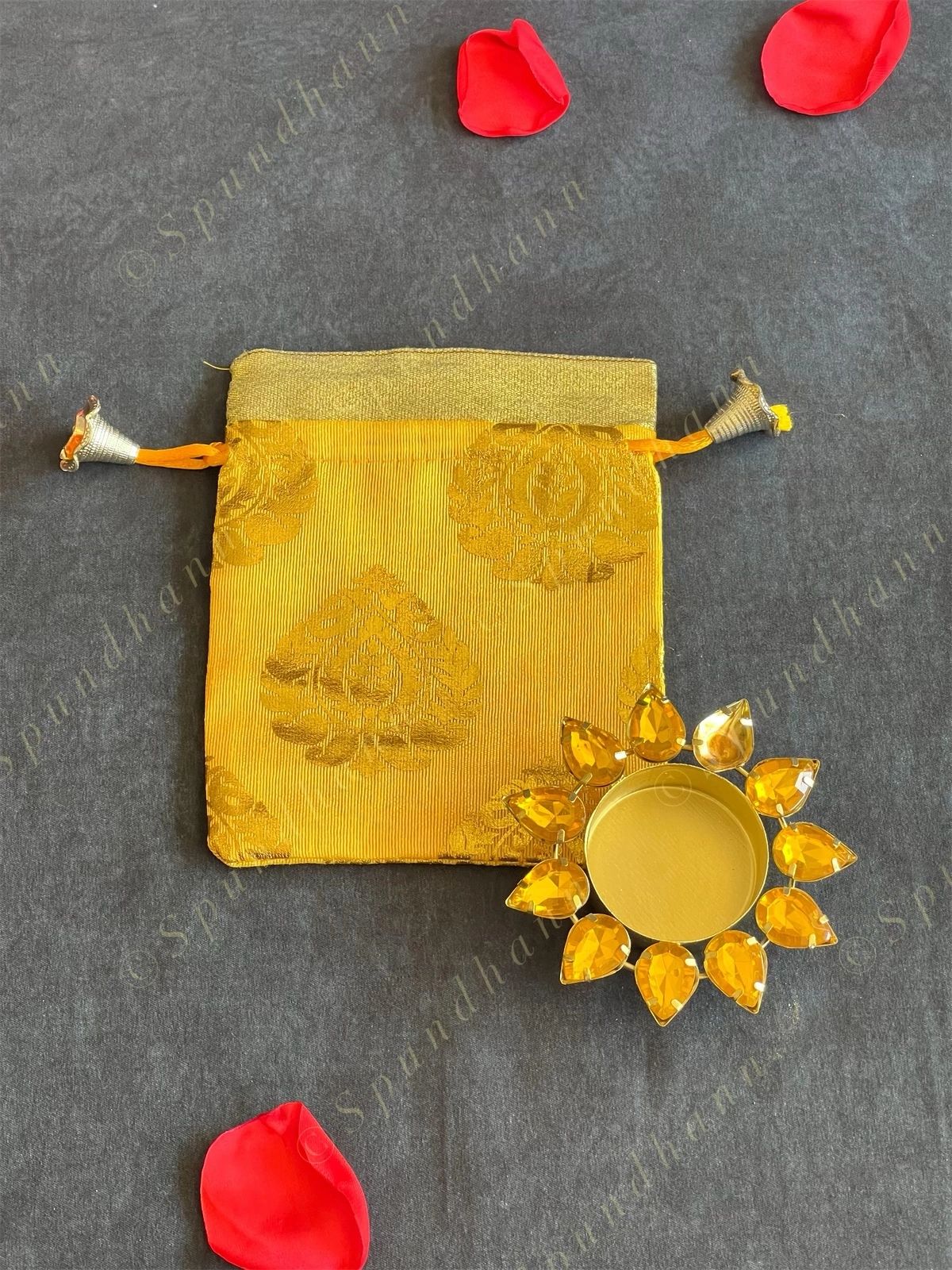 Leaf Print Potli with Studded Tea Light Gift Bags