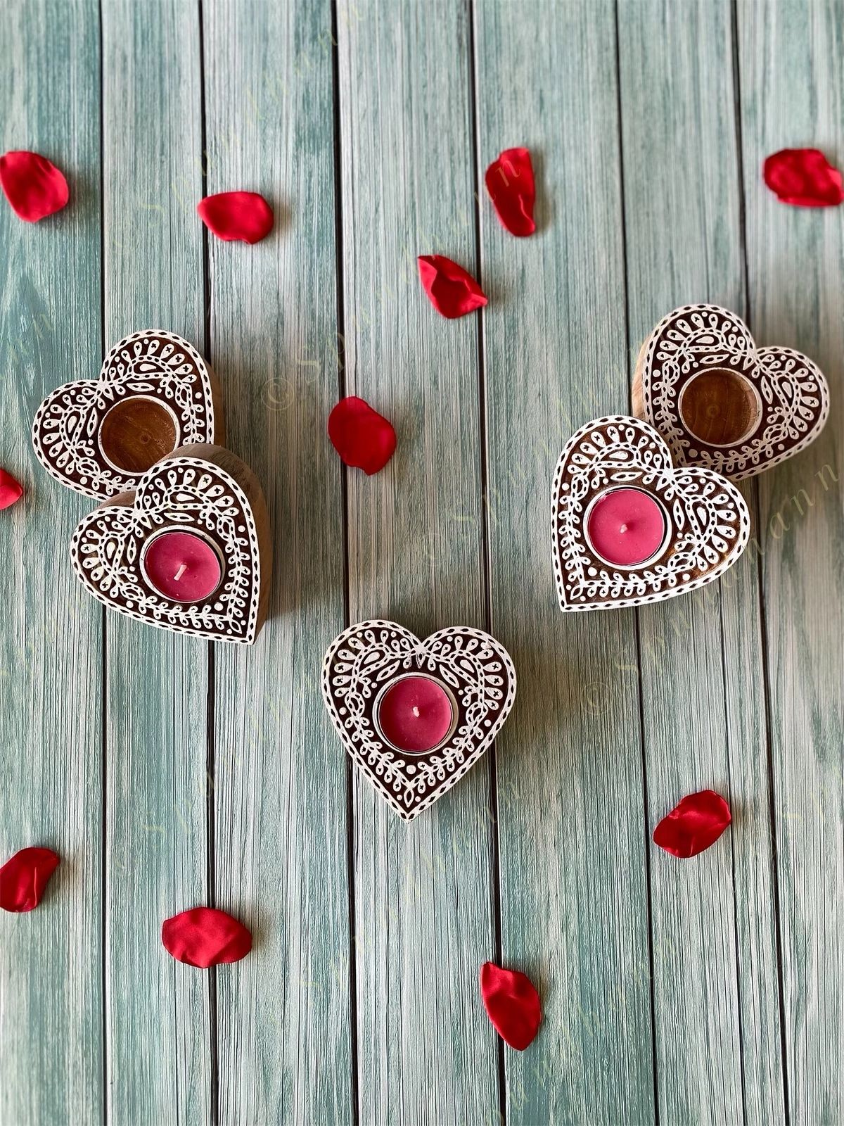 Heart Shaped Wooden Block Tea Light Holder