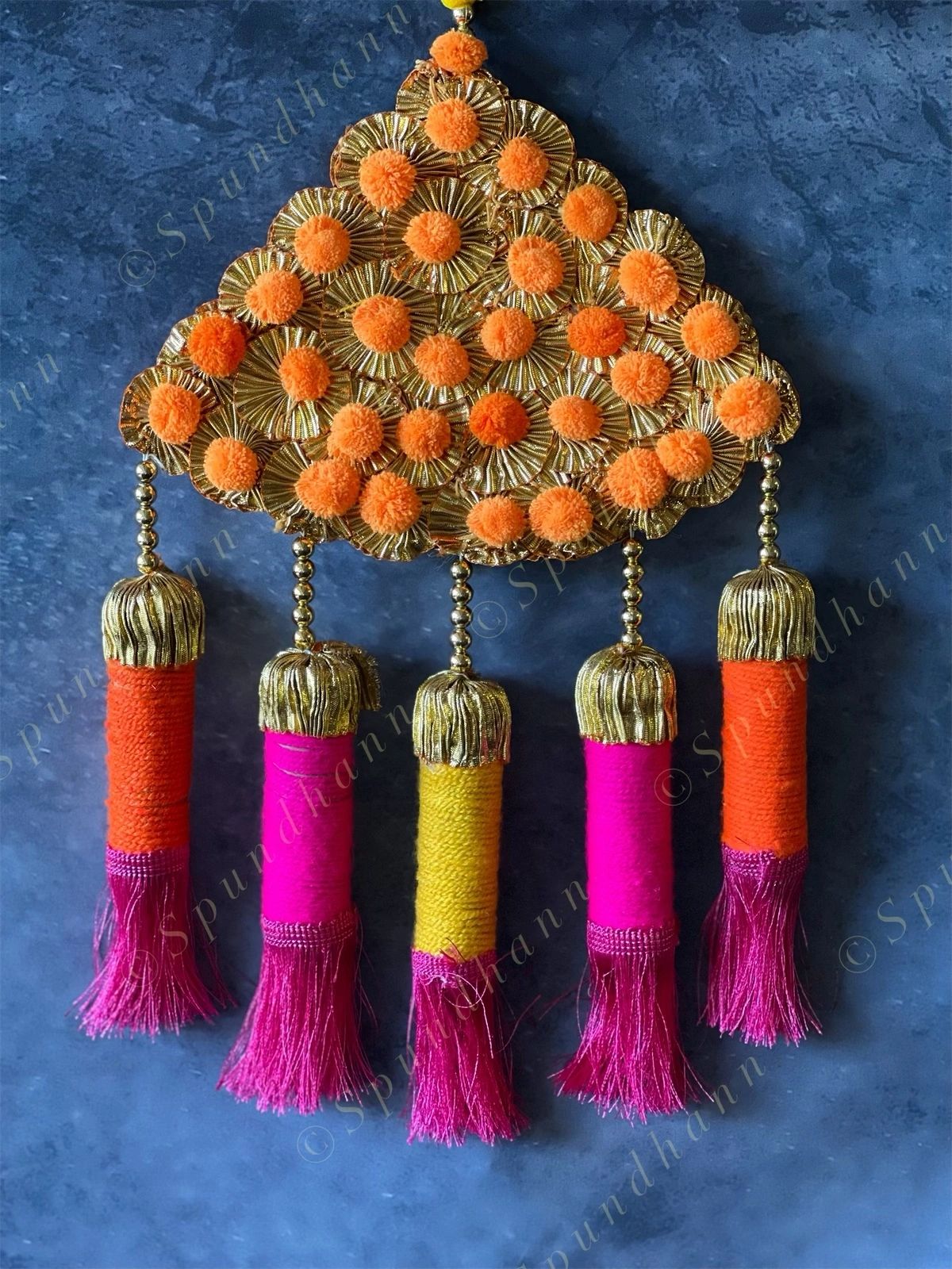 Pom Pom Gota Triangle Hanging Decor w/ Multi Color Tassels