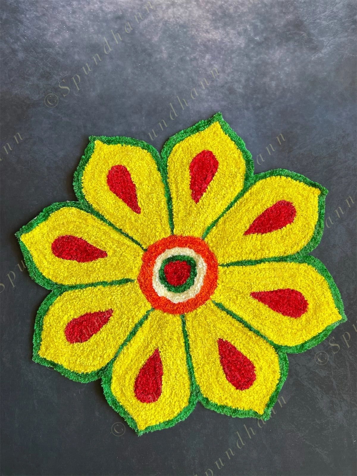 Yellow Flower Mat with Green Border Rangoli Floor Mat