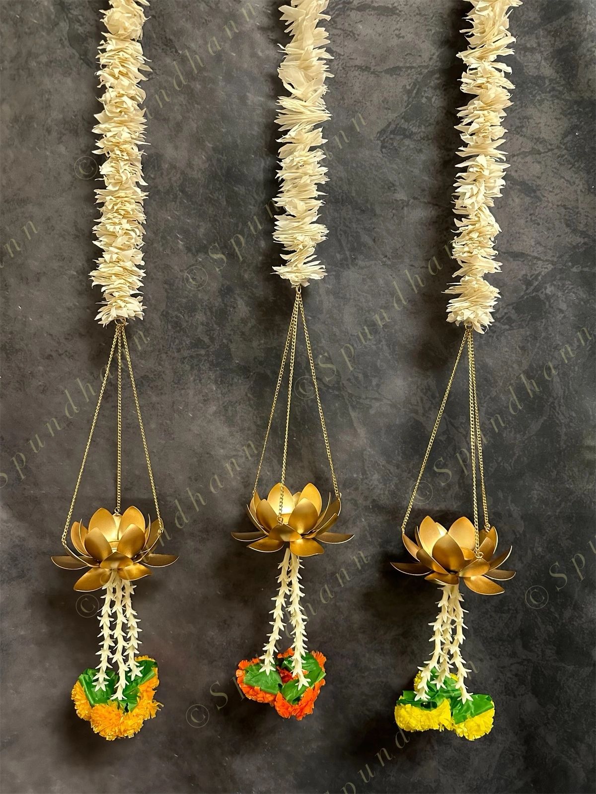 Hanging Lotus Tea Light Holder with Chameli String and Marigold Tassels