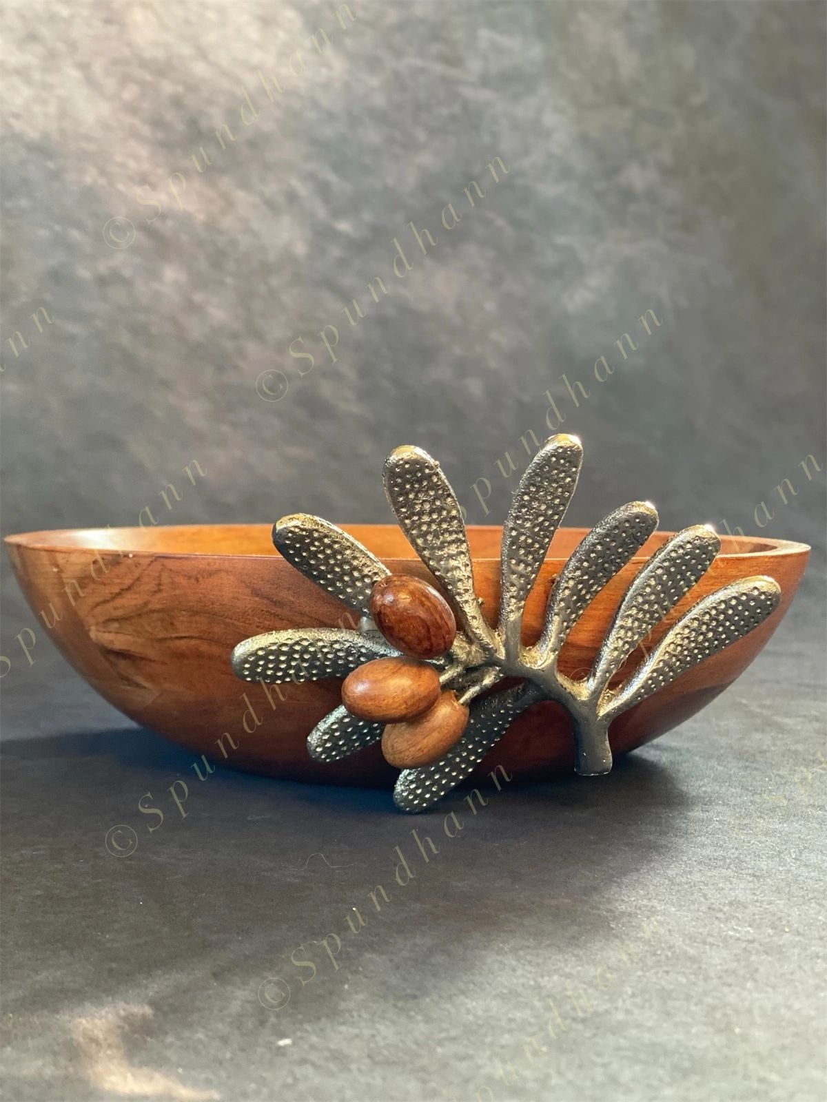 Contemporary Wooden Fruit Bowl with Silver Leaf Motif