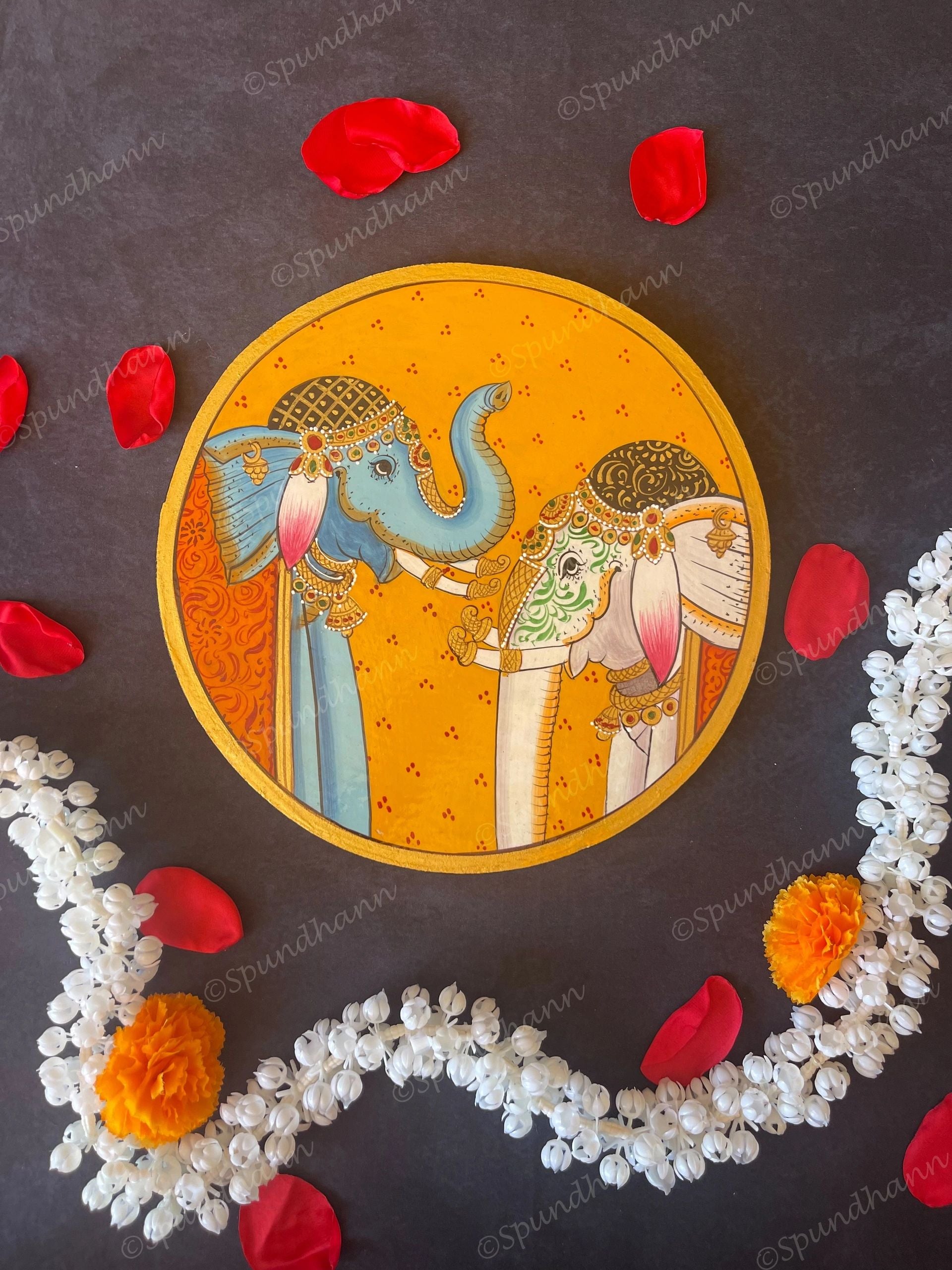 Royal Elephant Pair In Orange Background Pichwai Wall Hanging Plate