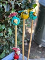 Multicolored Terracotta Mini Birds on Stick