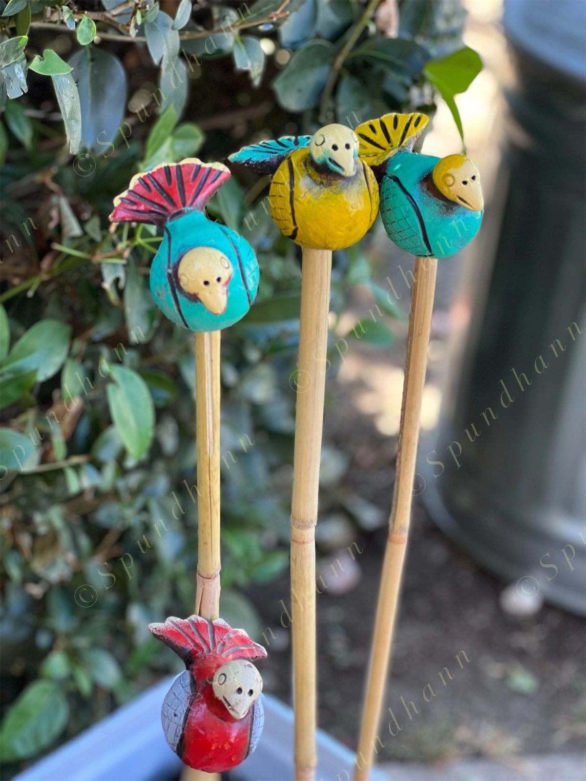 Multicolored Terracotta Mini Birds on Stick