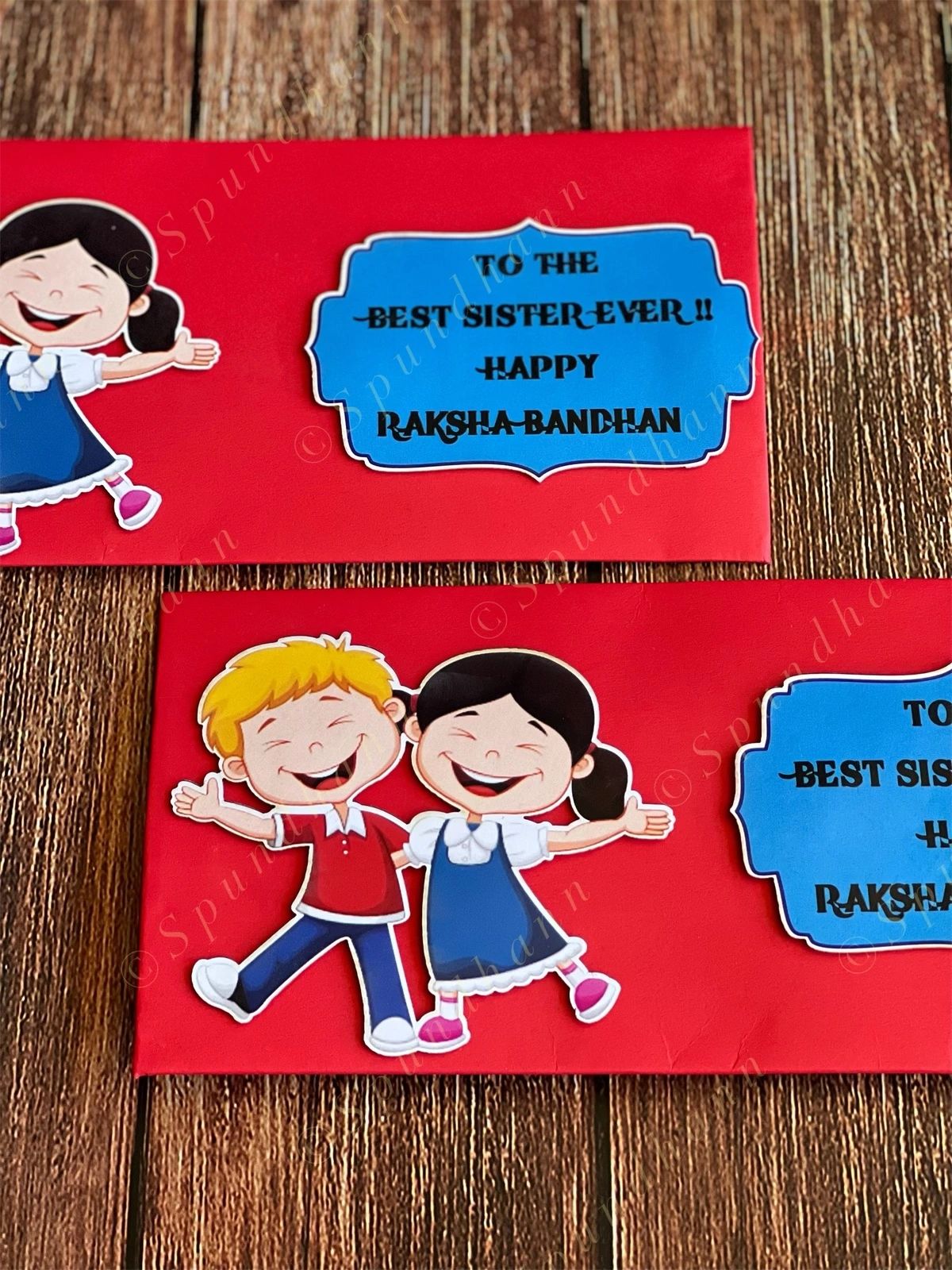 Rakhi Envelope in Red Color with Dancing Siblings