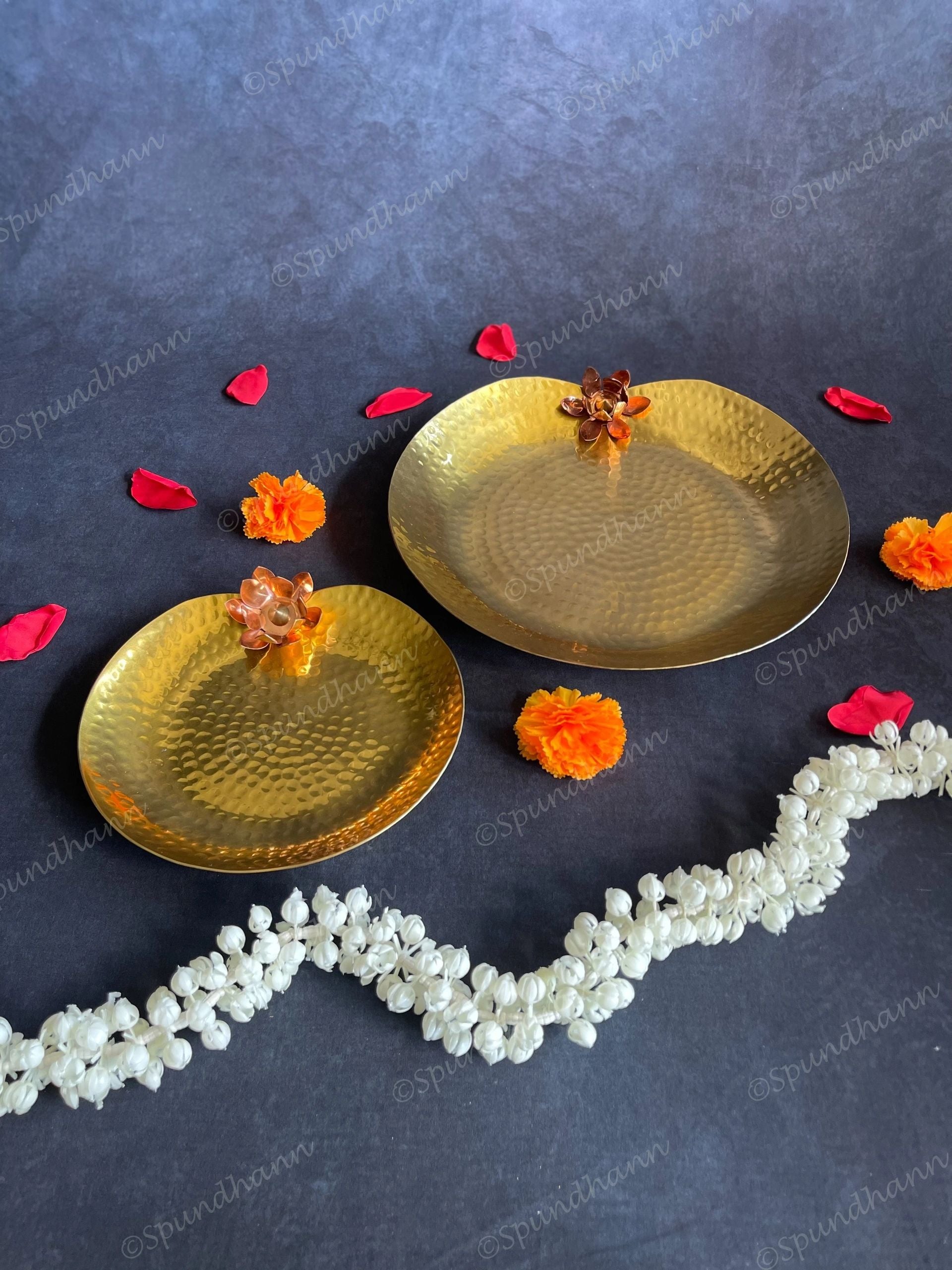 Brass Hammered Heavy Platter with Copper Flower