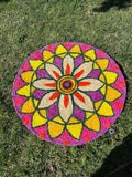 Medium Purple, White, Orange & Yellow Round Floral Rangoli Floor Mat 3ft