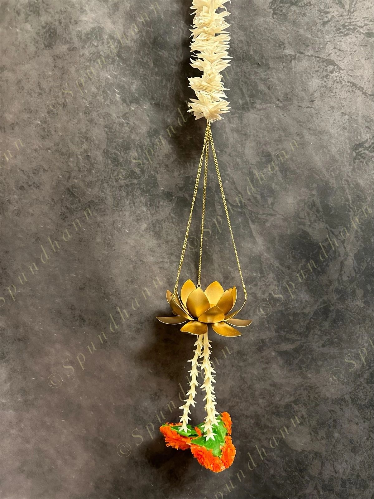 Hanging Lotus Tea Light Holder with Chameli String and Marigold Tassels
