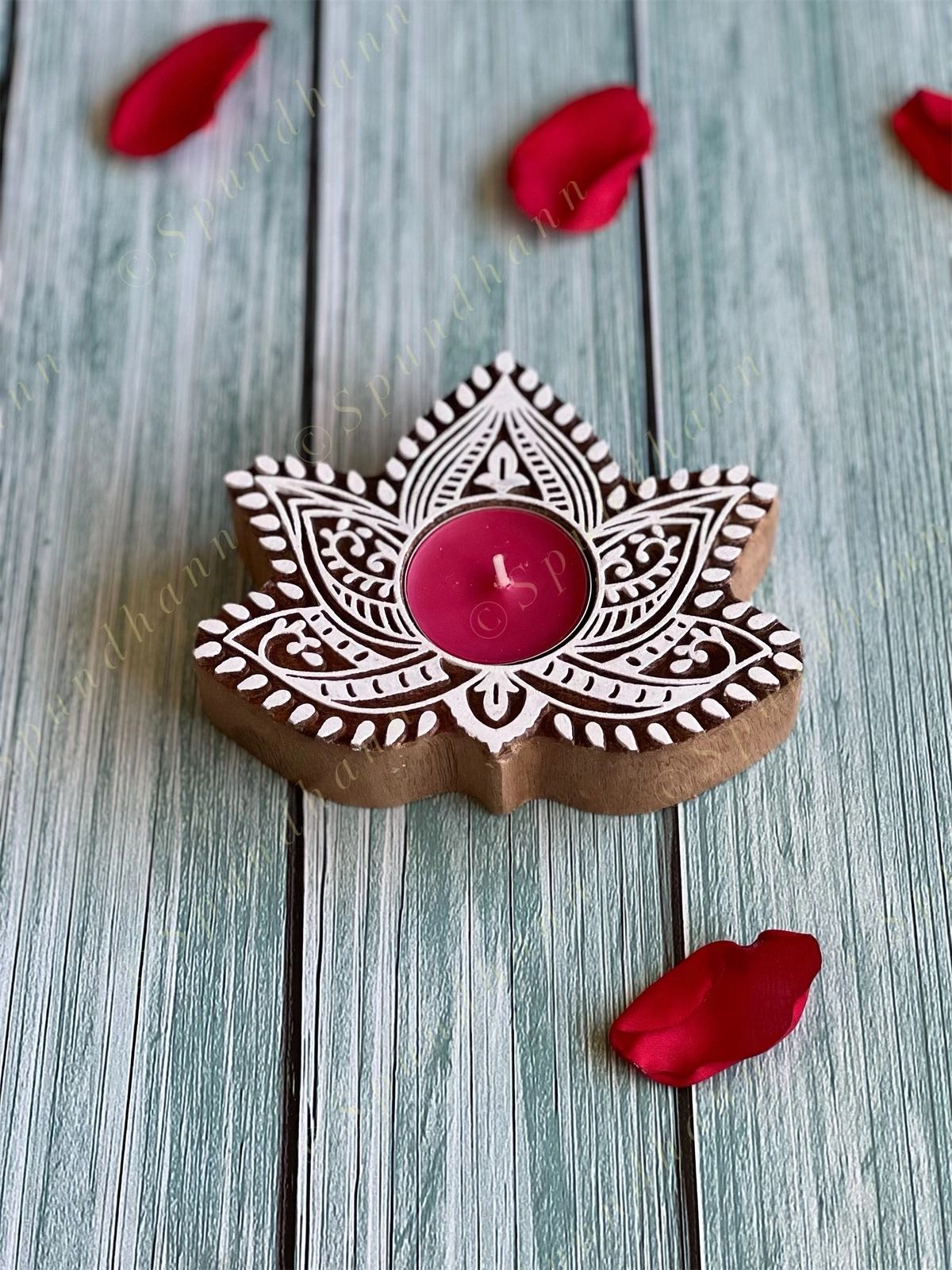 Lotus Shaped Wooden Block Tea Light Holder