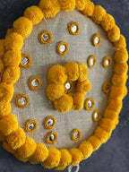 Yellow Pom Pom Mirror Circular Hanging Decor with Marigold Tassels