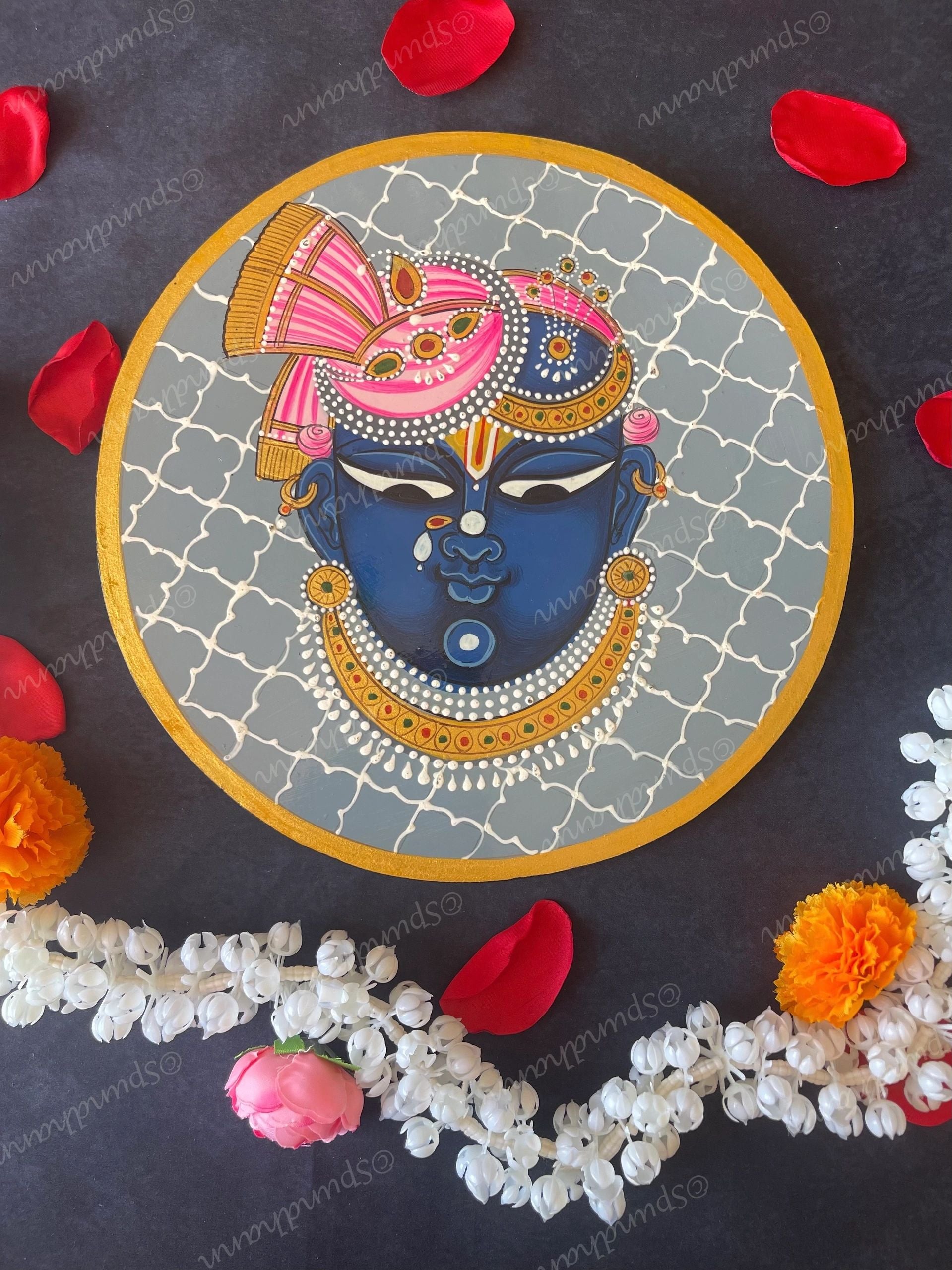 Shri Nathji in Grey Background Pichwai Wall Hanging Plate