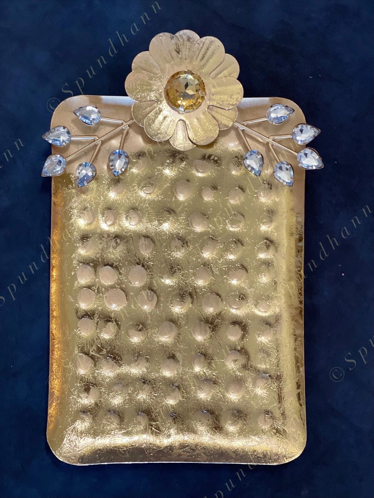 Rectangular Gold Hammered Platter / Tray with Floral Motif