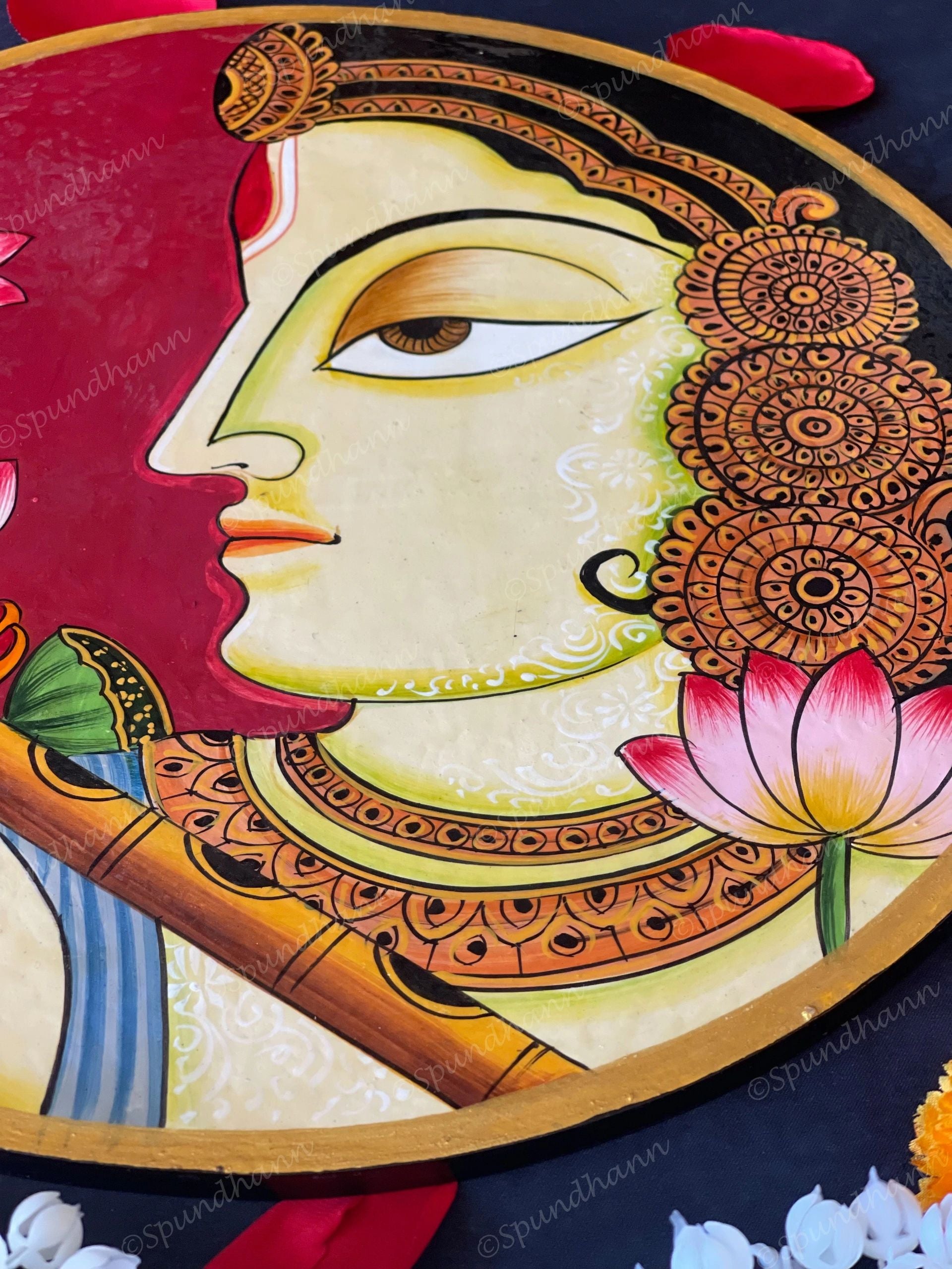 Beautifully Adorned Rajasthani Woman Red Background Pichwai Wall Hanging Plate Red