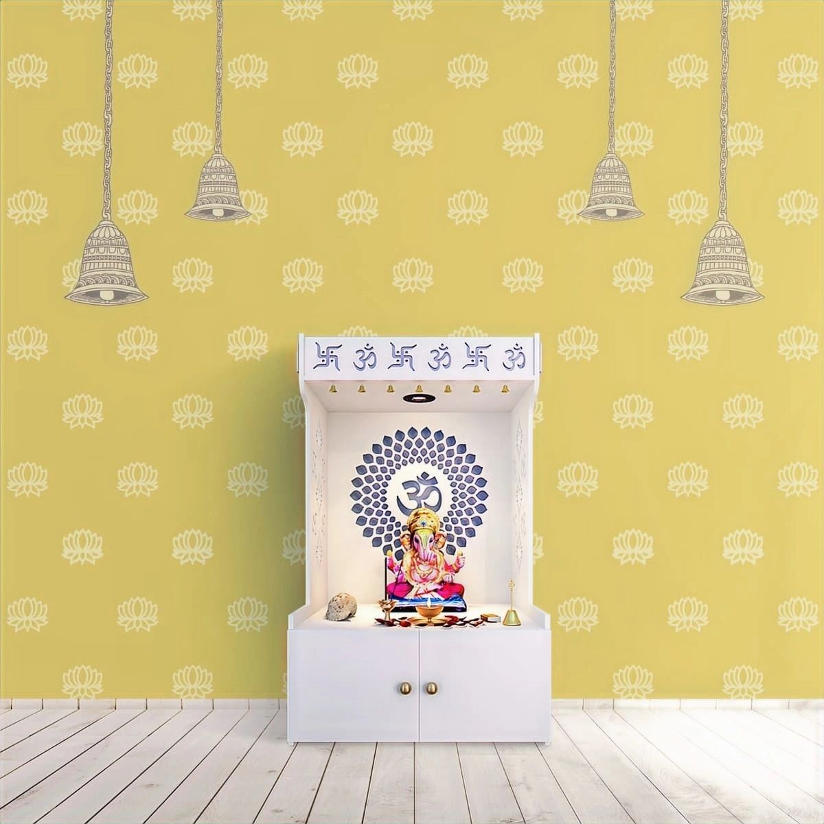 Life n Colors: Divine Glow: Beautiful Yellow Pichwai Wallpaper for Pooja Room