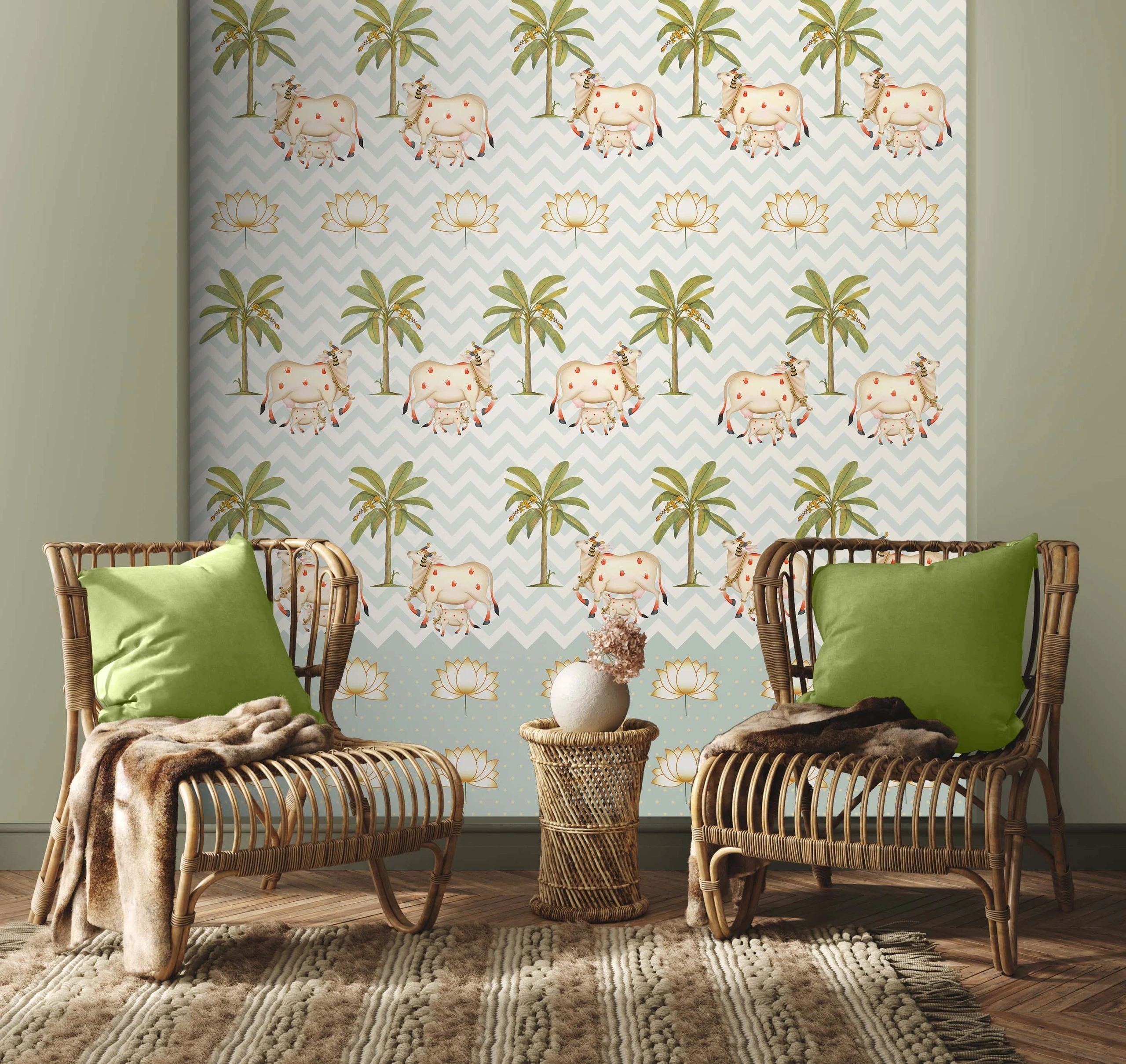Life n Colors: Pichwai Cows in Chevron Pattern Wallpaper