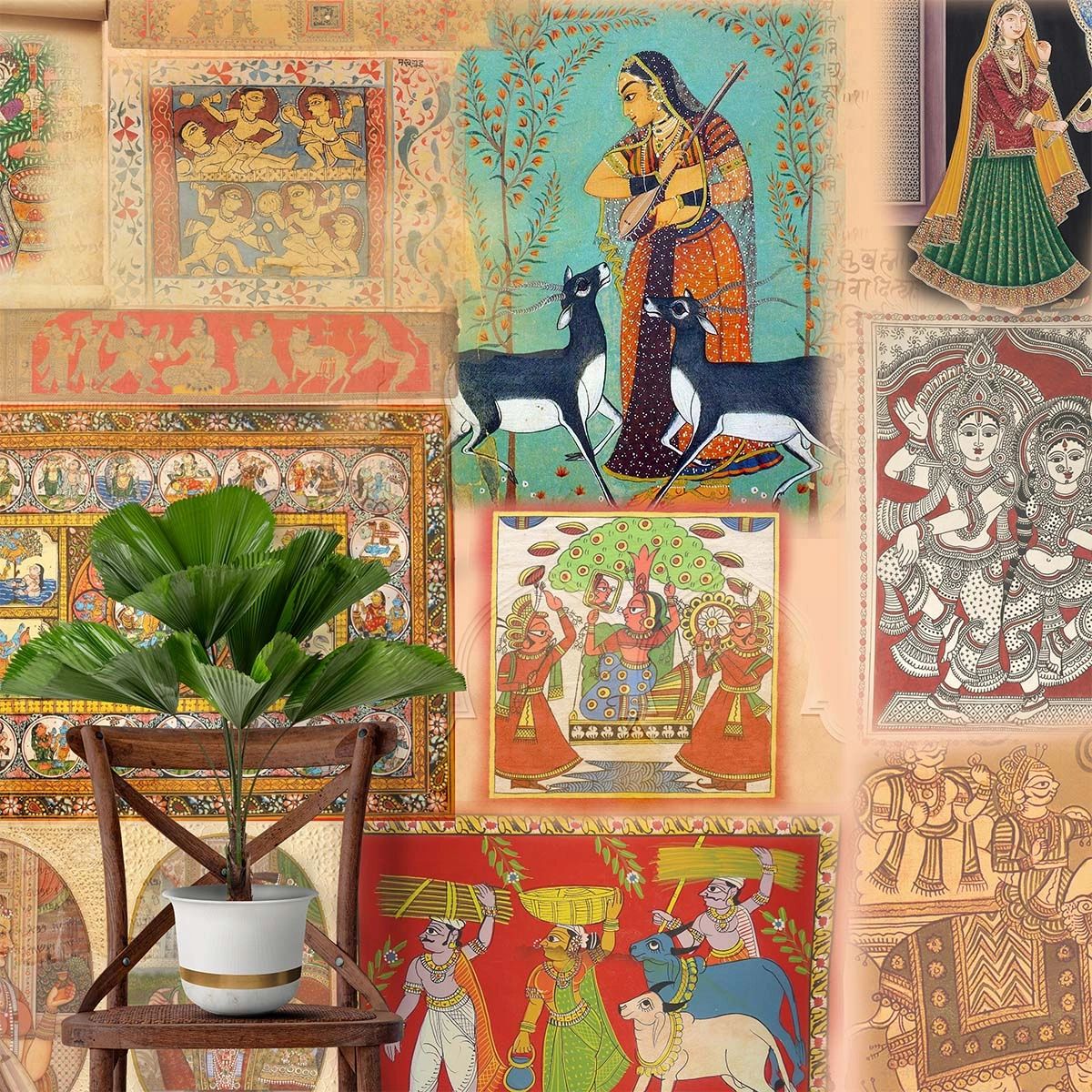 Life n Colors: Hindustan, Indian Folk Art Inspired Montage Wallpaper