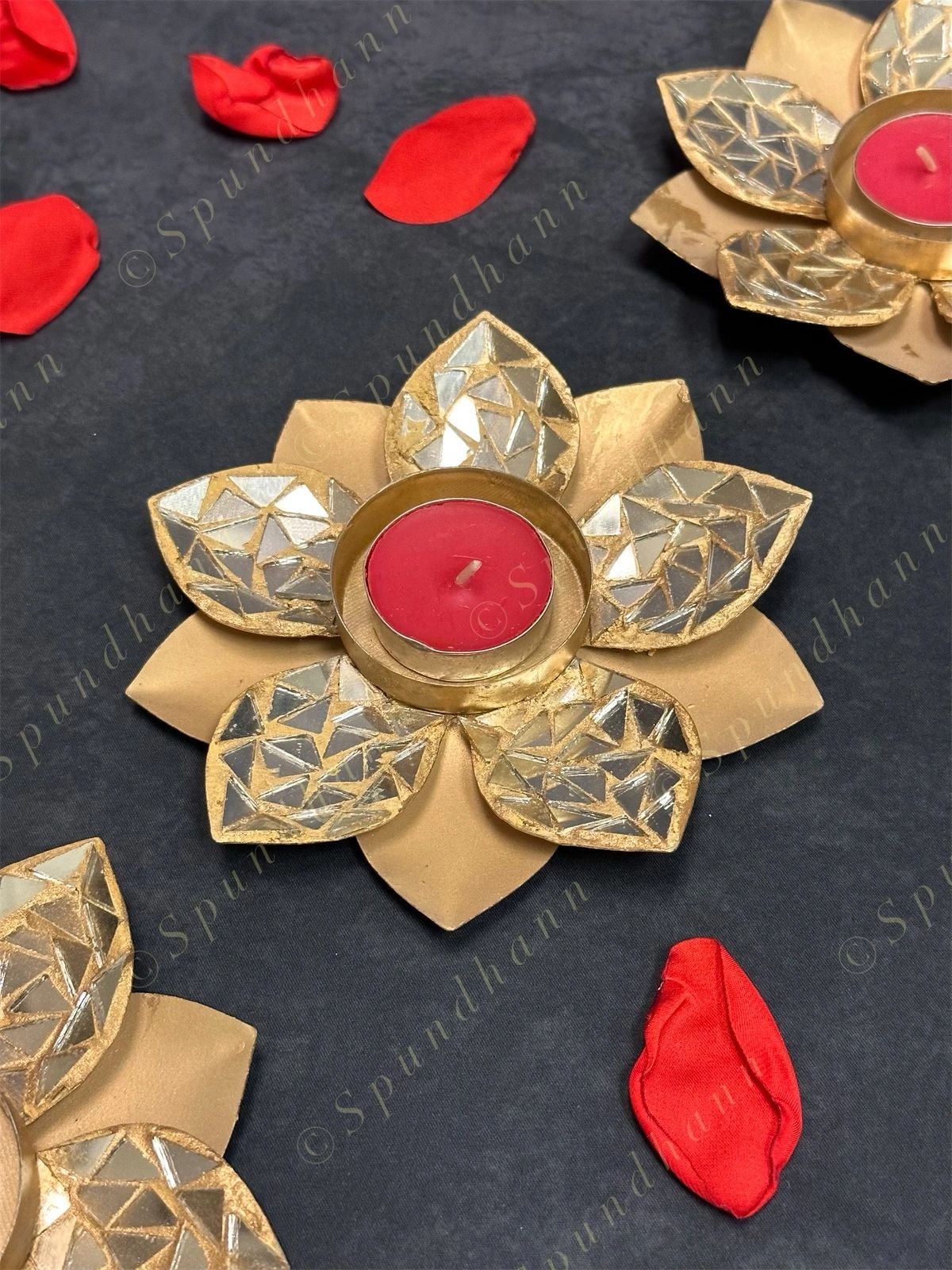 Gold Floral Mirror Work Tea Light Holder