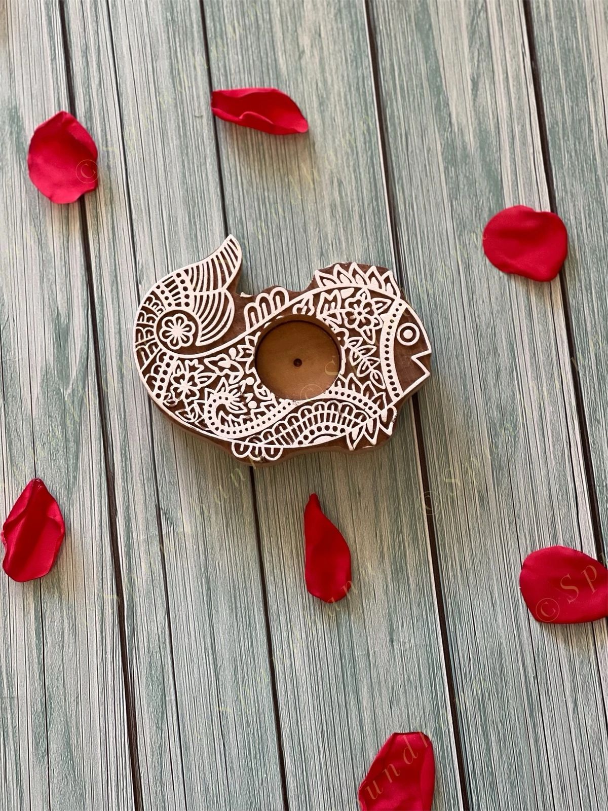 Carved Fish Wooden Block Tea Light Holder
