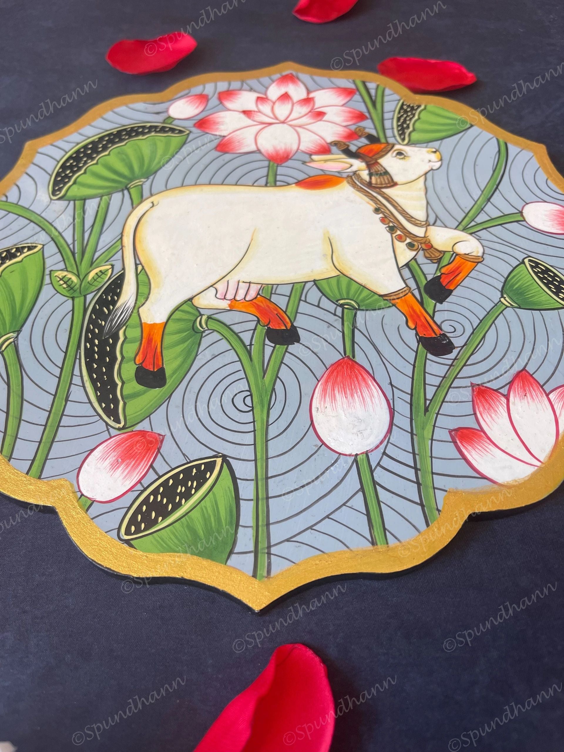 Cow with Lotus Floral Shape Pichwai Wall Hanging Plate