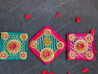 Square Leheriya & Gold Gota Tea Light Holder with Ganesha