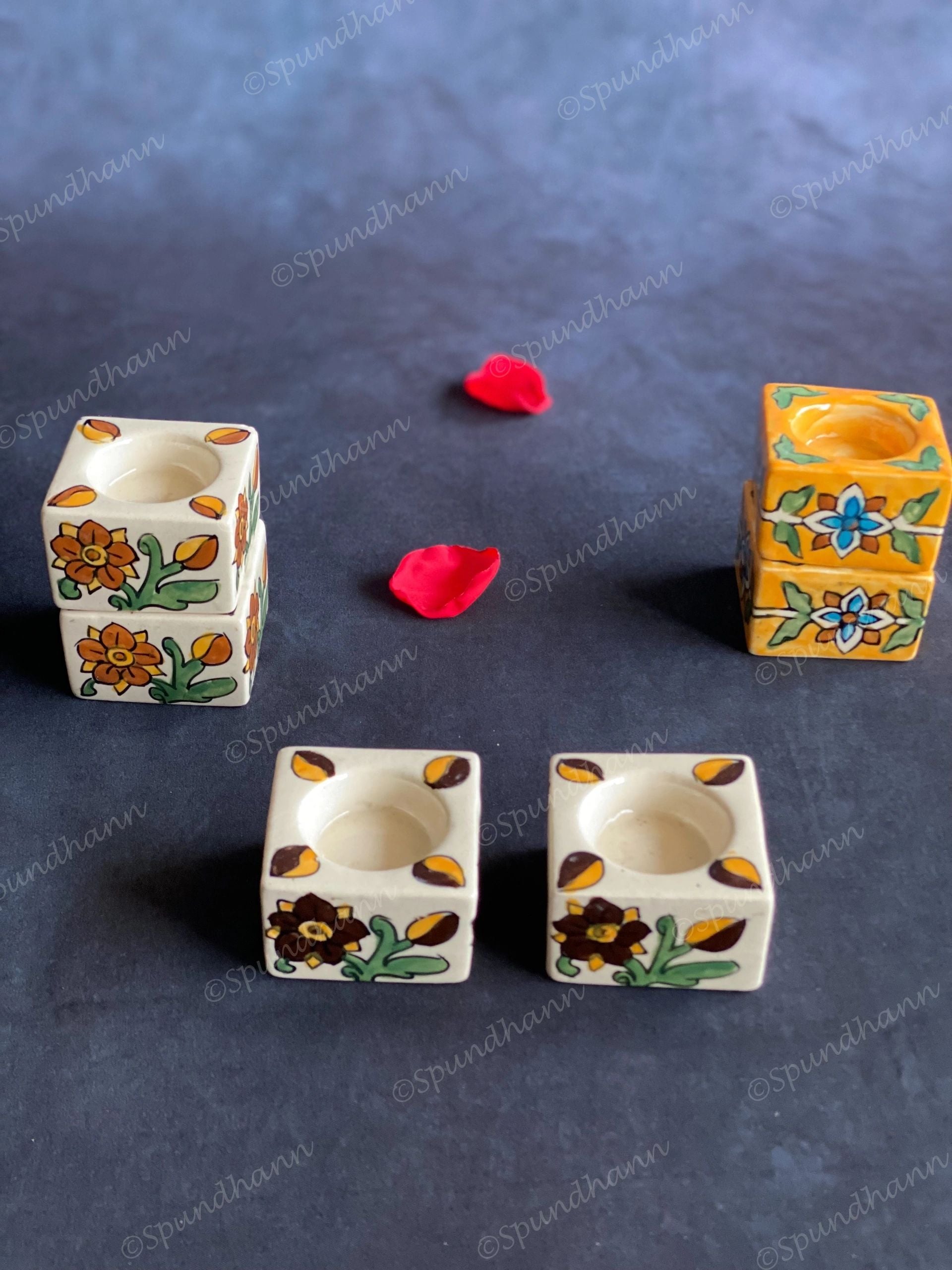 Ceramic Square Floral Painted Tea Light Holders