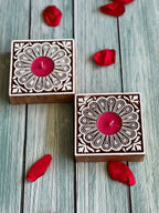 Square Floral Carved Wooden Block Tea Light Holder