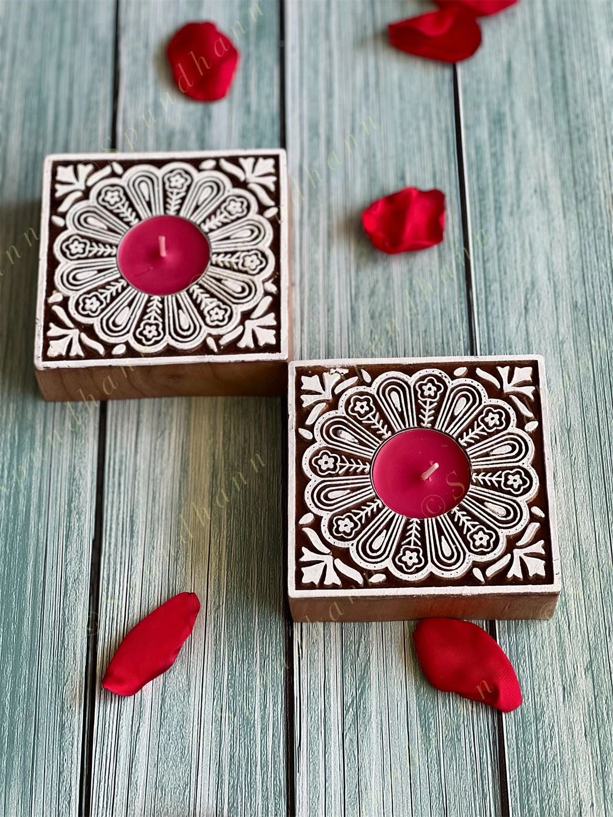 Square Floral Carved Wooden Block Tea Light Holder