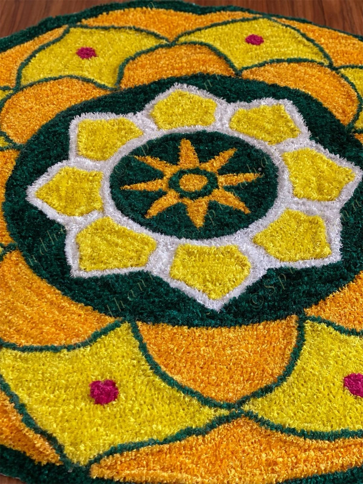 Yellow, Green & Red Round Floral Rangoli Floor Mat