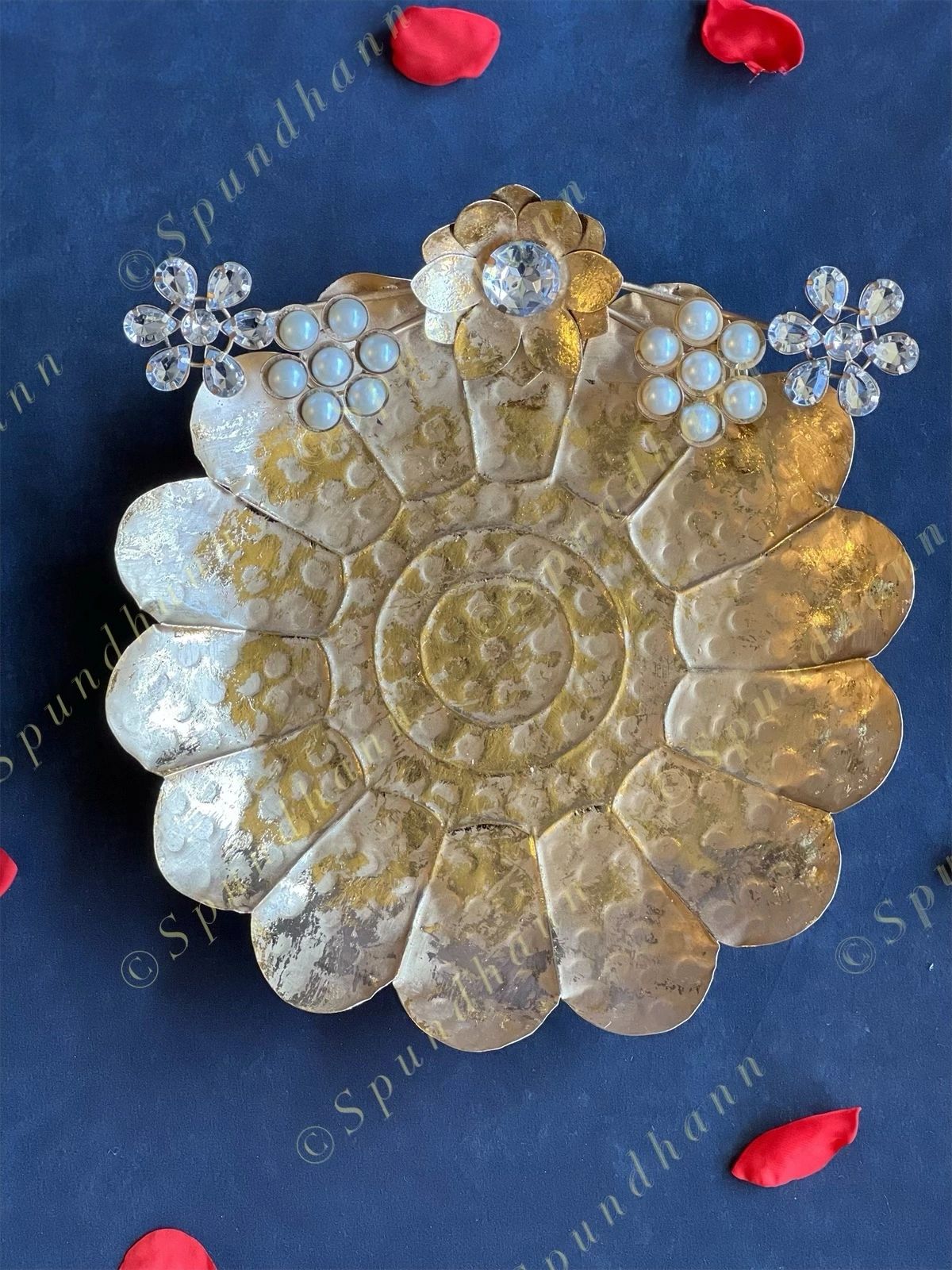 Gold Floral Shape Studded Pearl Platter / Plate