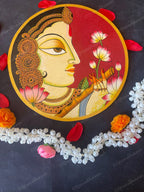 Beautifully Adorned Rajasthani Woman Red Background Pichwai Wall Hanging Plate Red