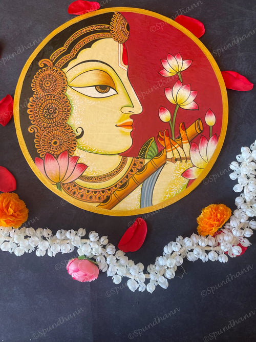 Beautifully Adorned Rajasthani Woman Red Background Pichwai Wall Hanging Plate Red