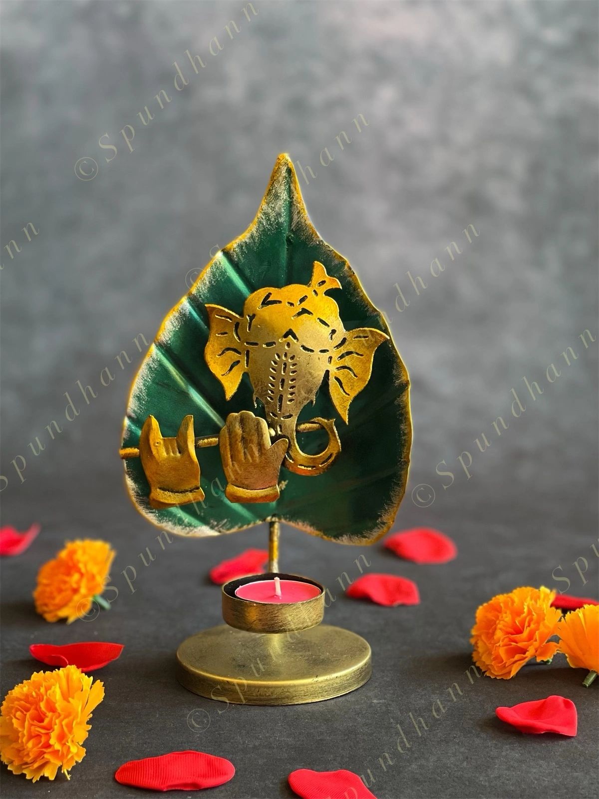Flute Ganesh with Green Leaf Tea Light Holder
