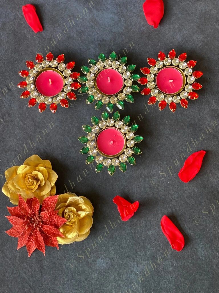 Double Gemstone Studded Floral Tea Light Holder