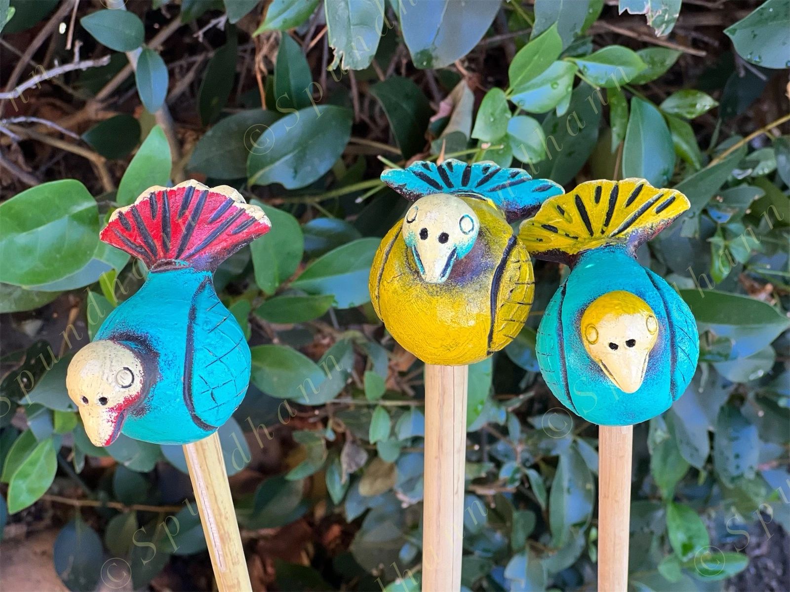 Multicolored Terracotta Mini Birds on Stick