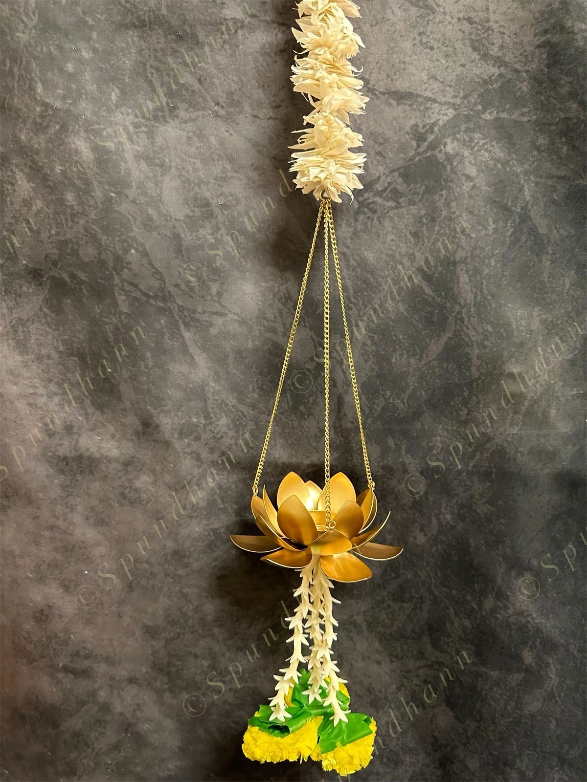 Hanging Lotus Tea Light Holder with Chameli String and Marigold Tassels