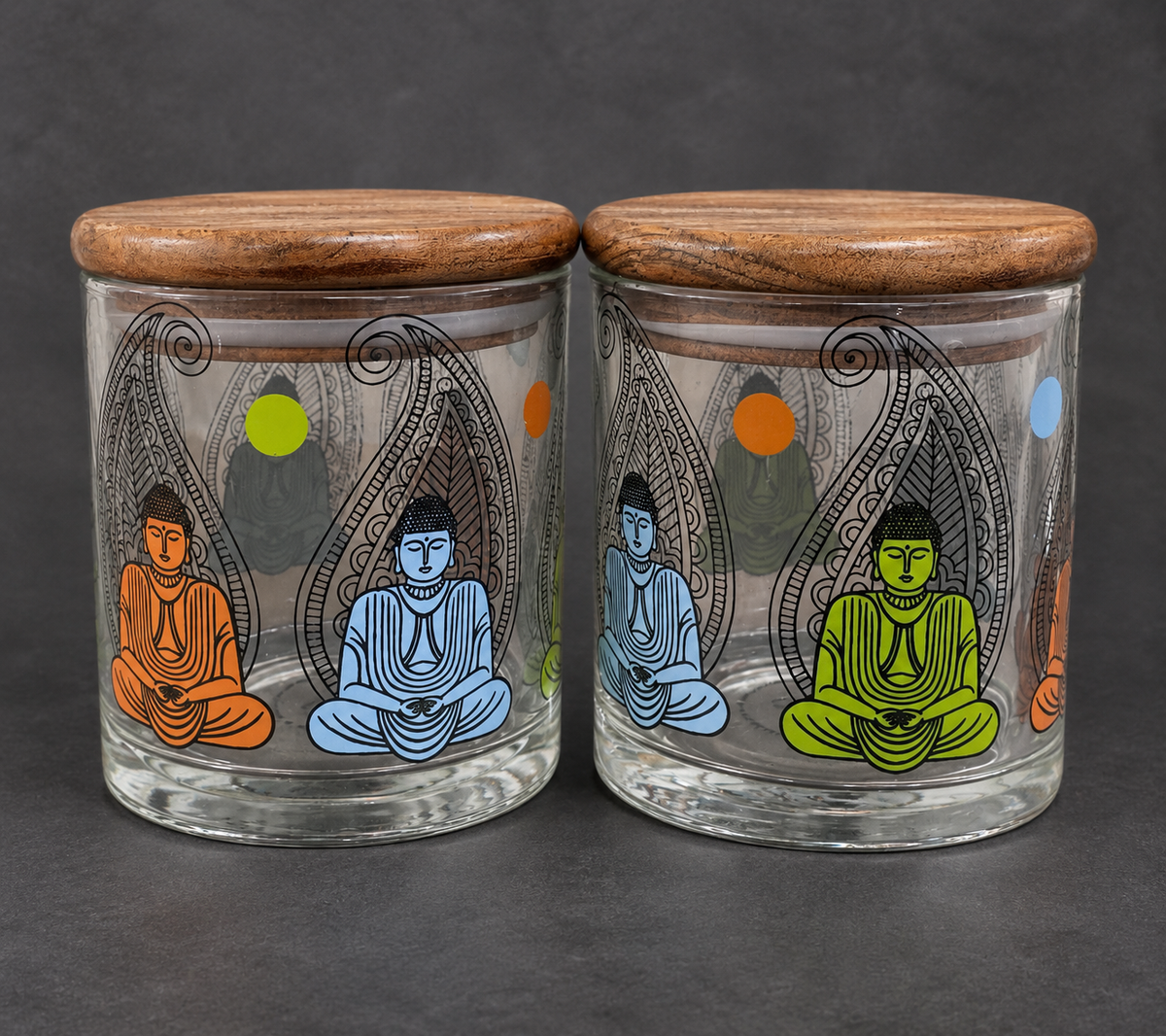 Buddha Glass Jars With Wooden Lids 2 Pcs