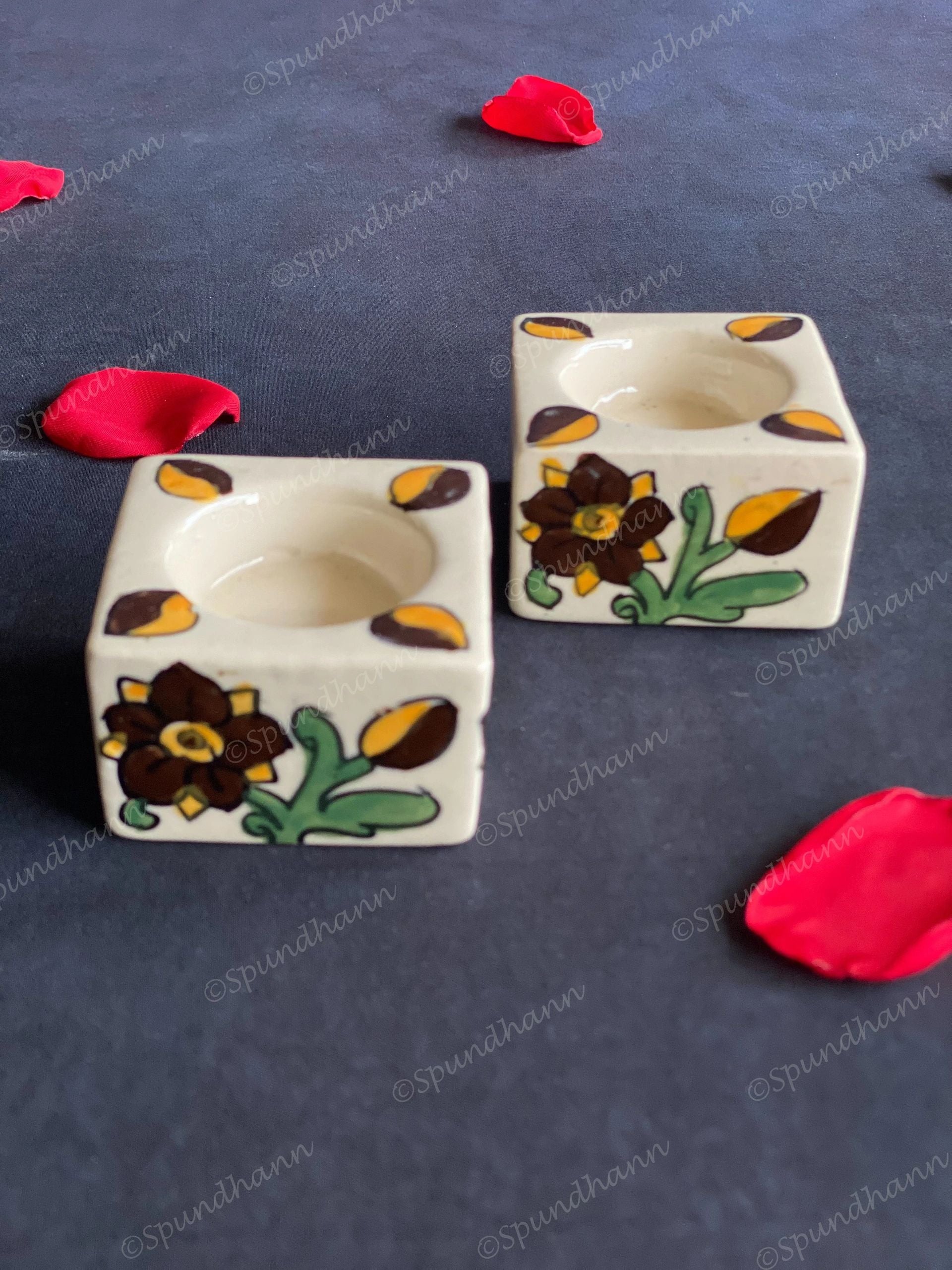 Ceramic Square Floral Painted Tea Light Holders