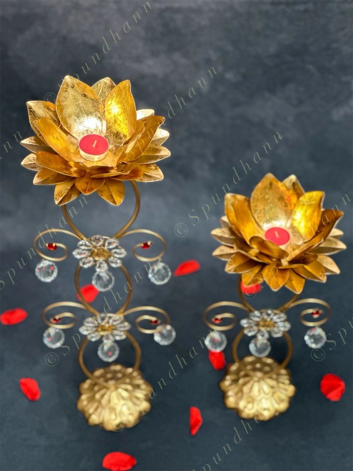 Crystal Drop Golden Flower Standing Tea Light Holder