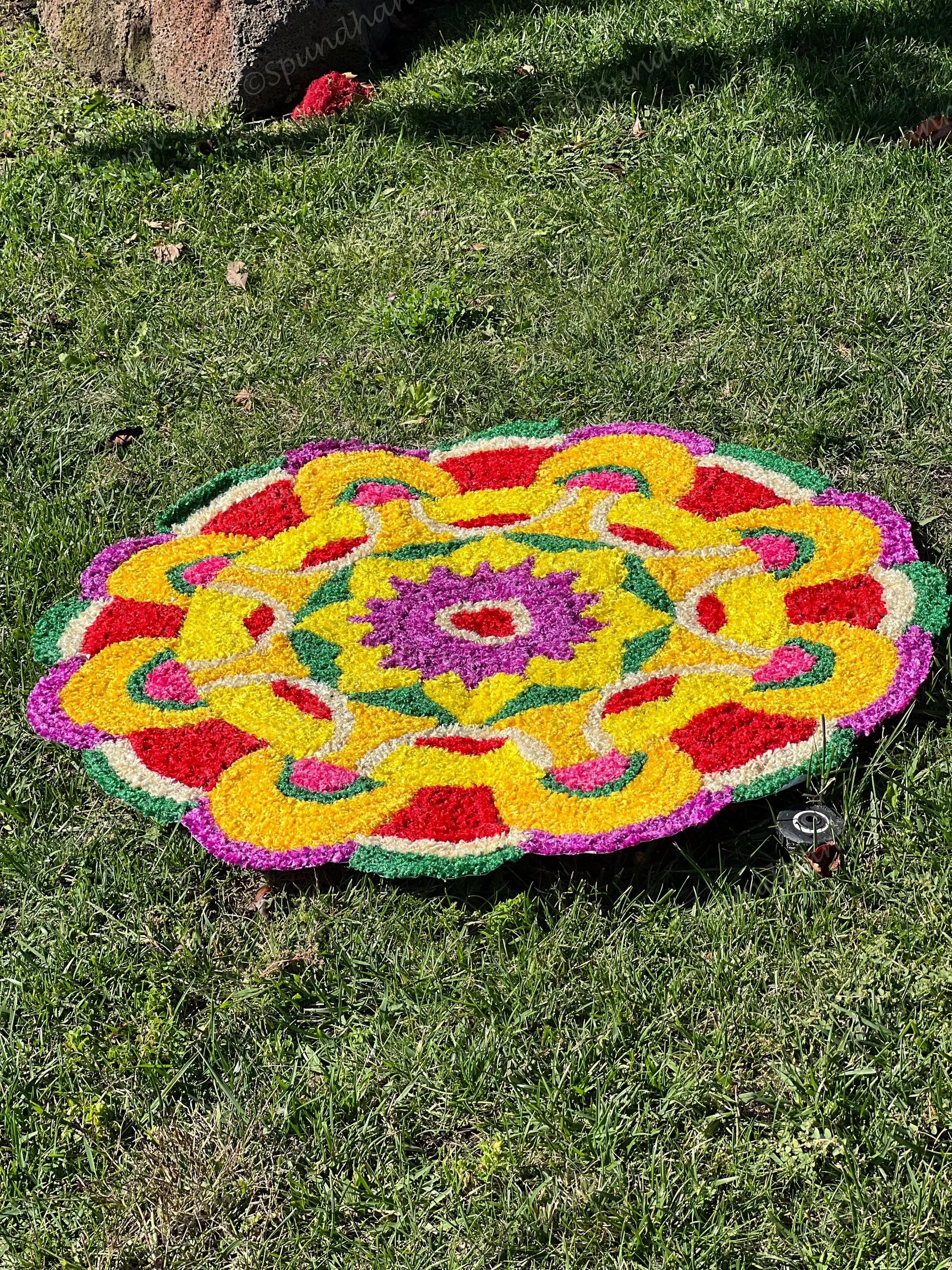 Medium Yellow, Orange, Purple & Red Round Floral Rangoli Floor Mat