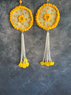 Yellow Pom Pom Mirror Circular Hanging Decor with Marigold Tassels