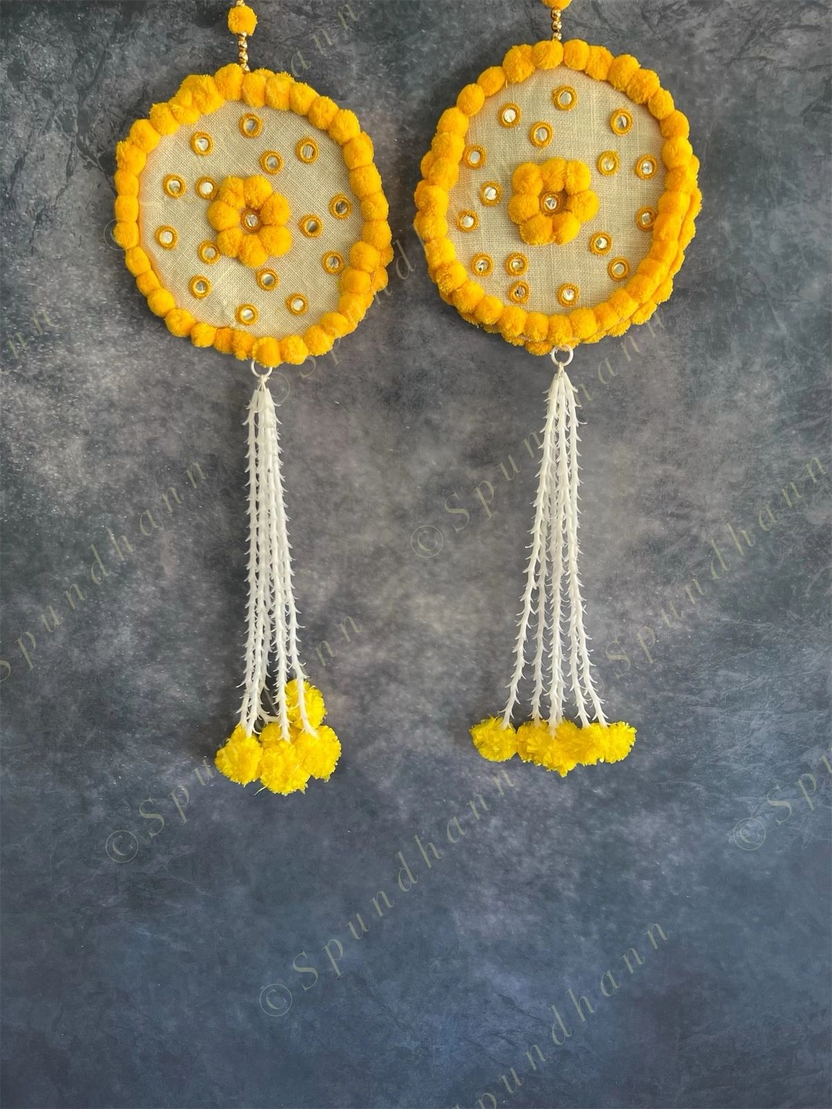 Yellow Pom Pom Mirror Circular Hanging Decor with Marigold Tassels