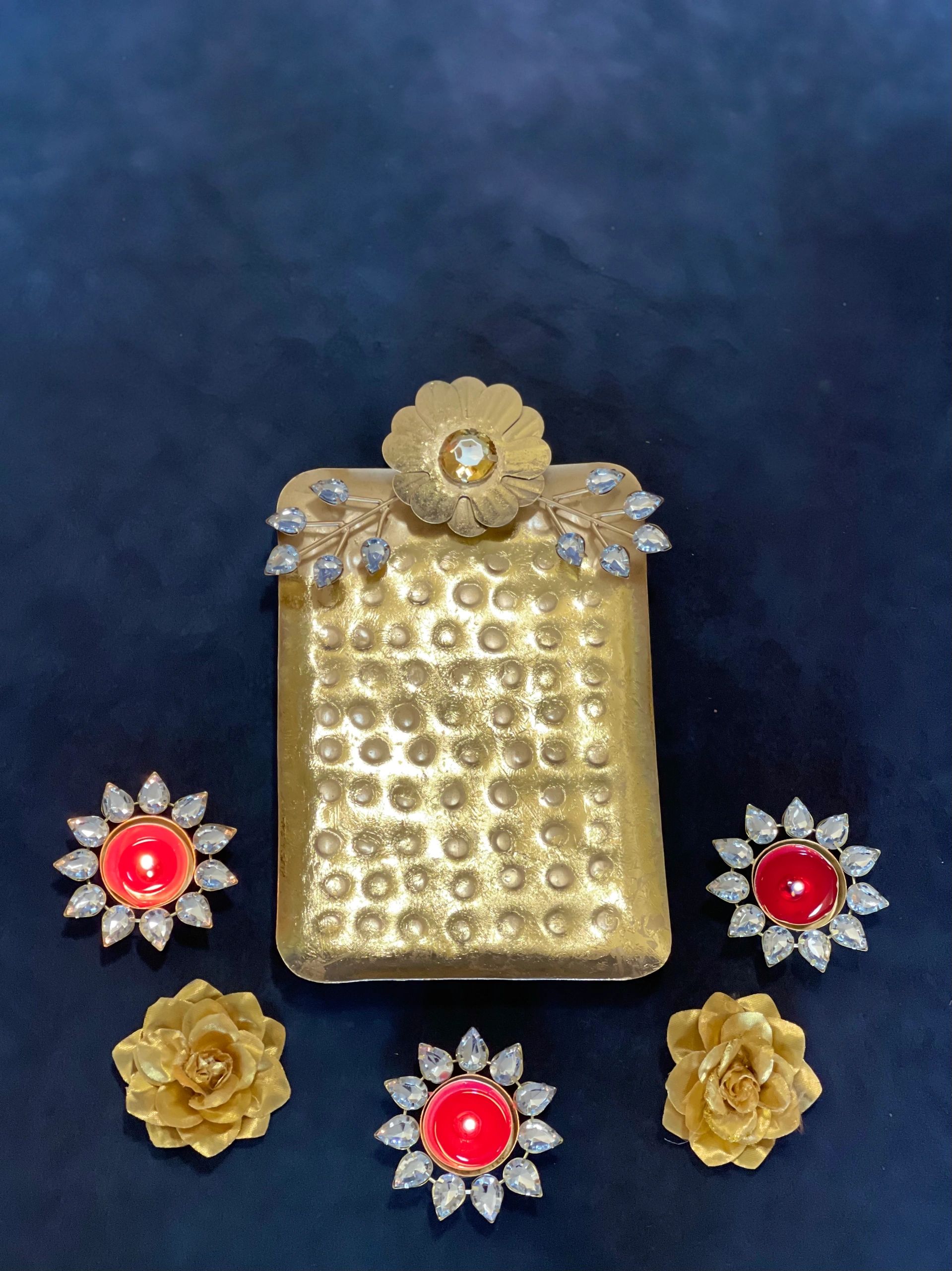 Rectangular Gold Hammered Platter / Tray with Floral Motif