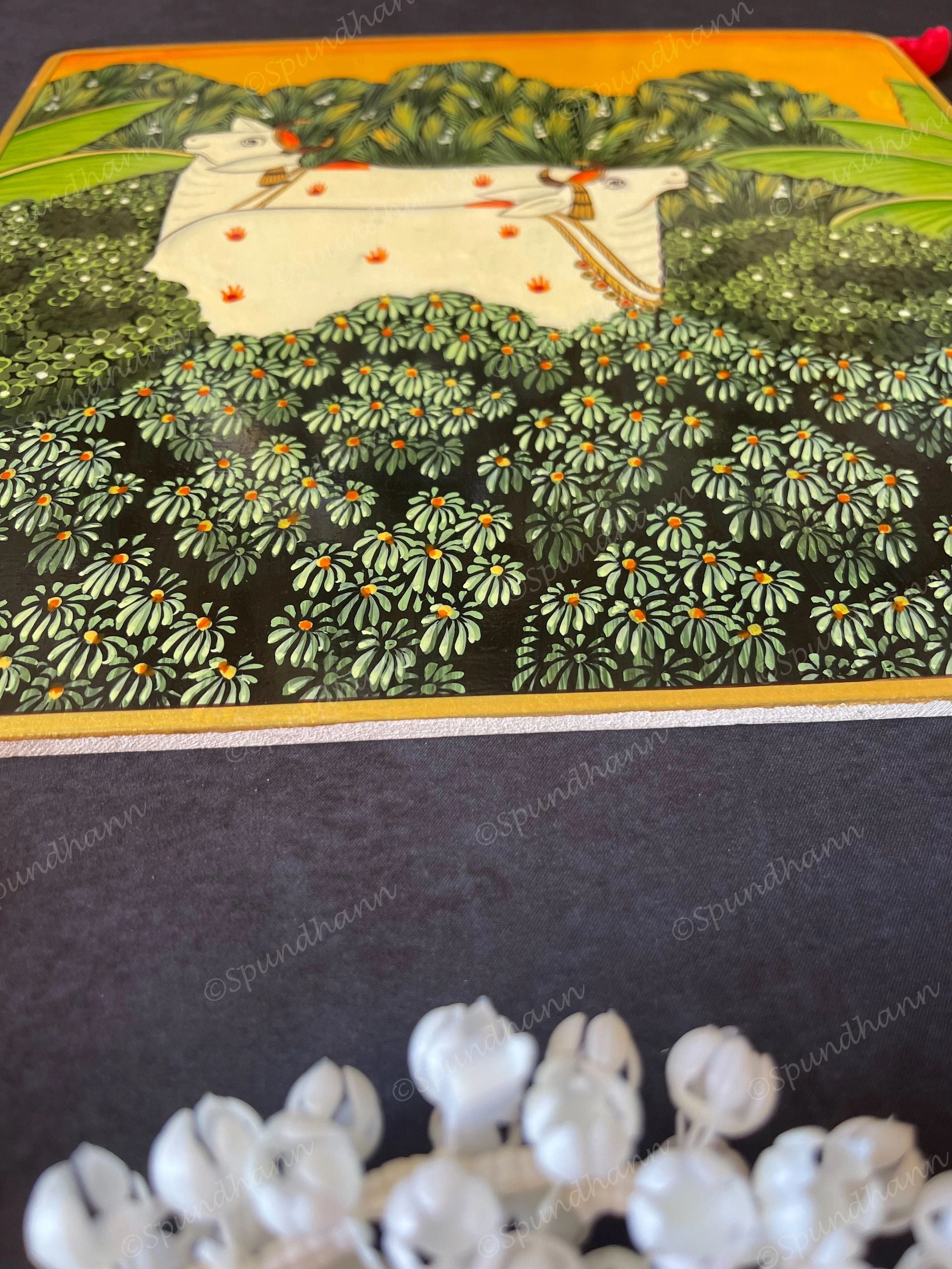 Pichwai Cows in a Garden Square Wall Hanging Plate